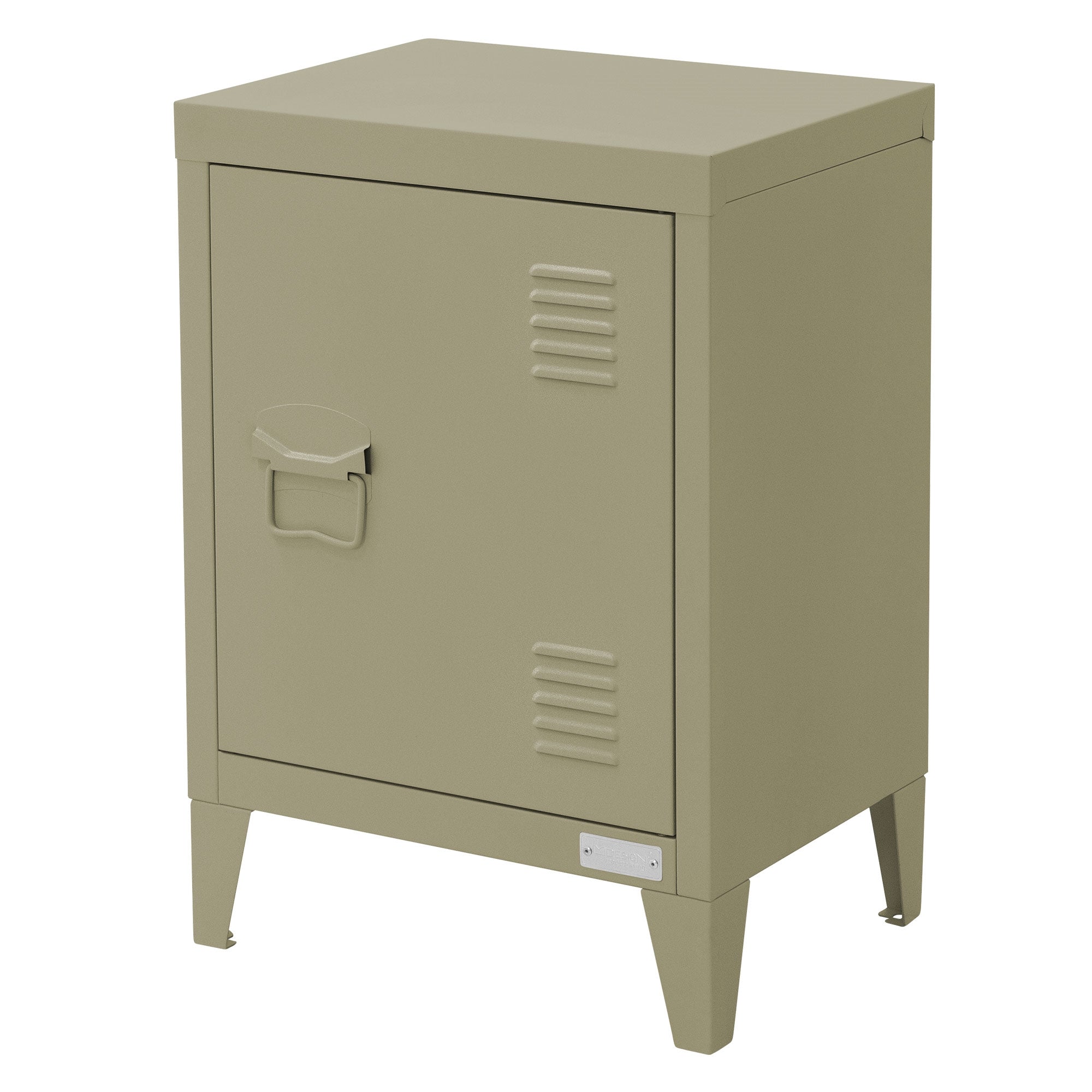 Metallischer Schrank in beige mit geschlossener Tür auf weißem Hintergrund.