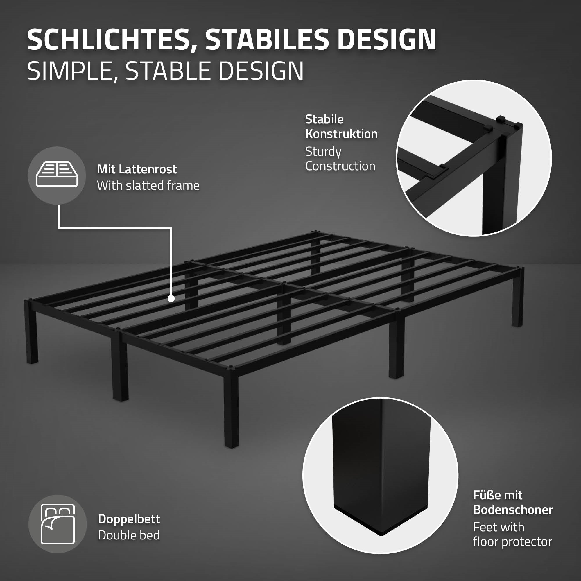 Metallbett mit stabiler Konstruktion und Lattenrost, ohne Matratze.