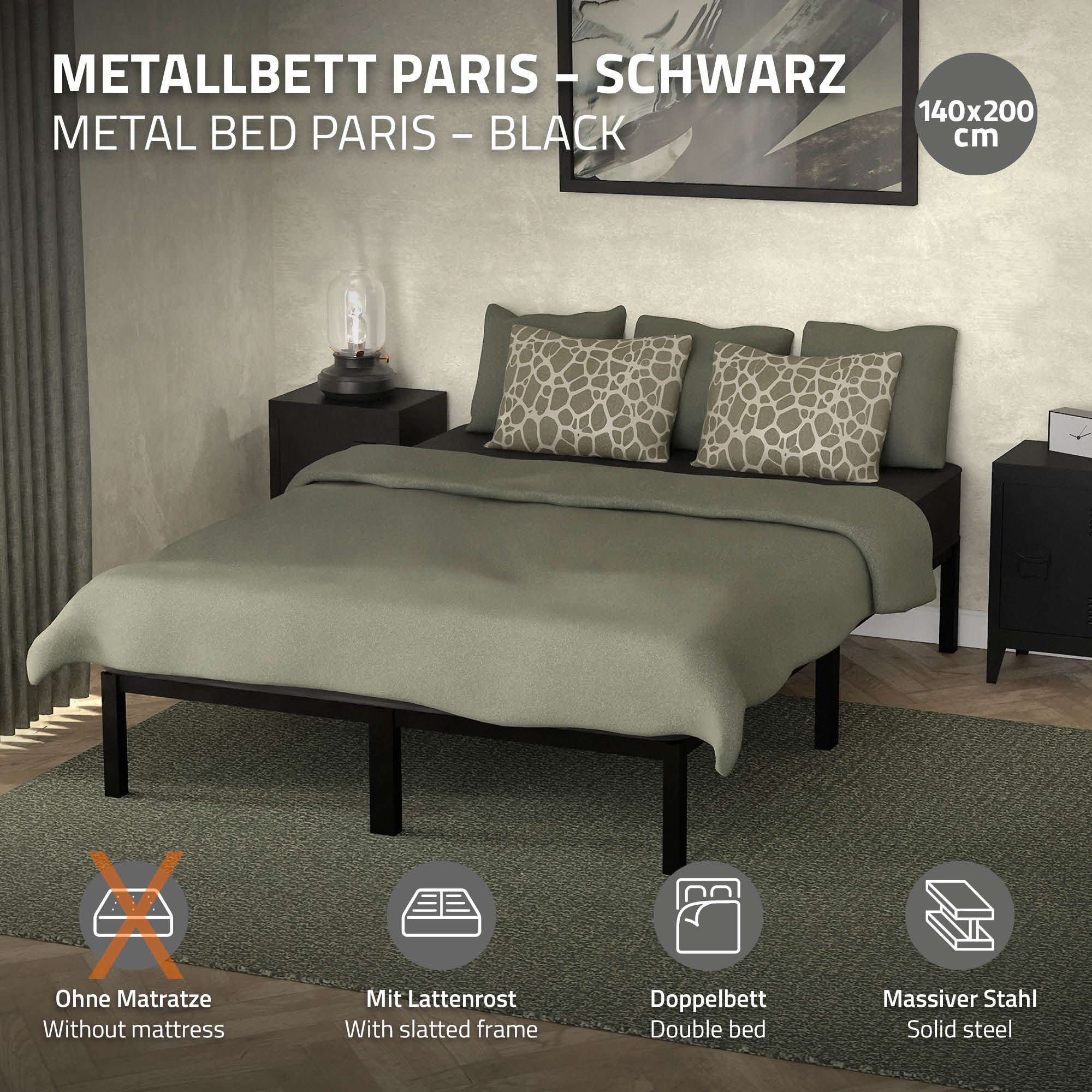 Schwarzes Metallbett mit zwei Kissen und grauer Decke, ohne Matratze.