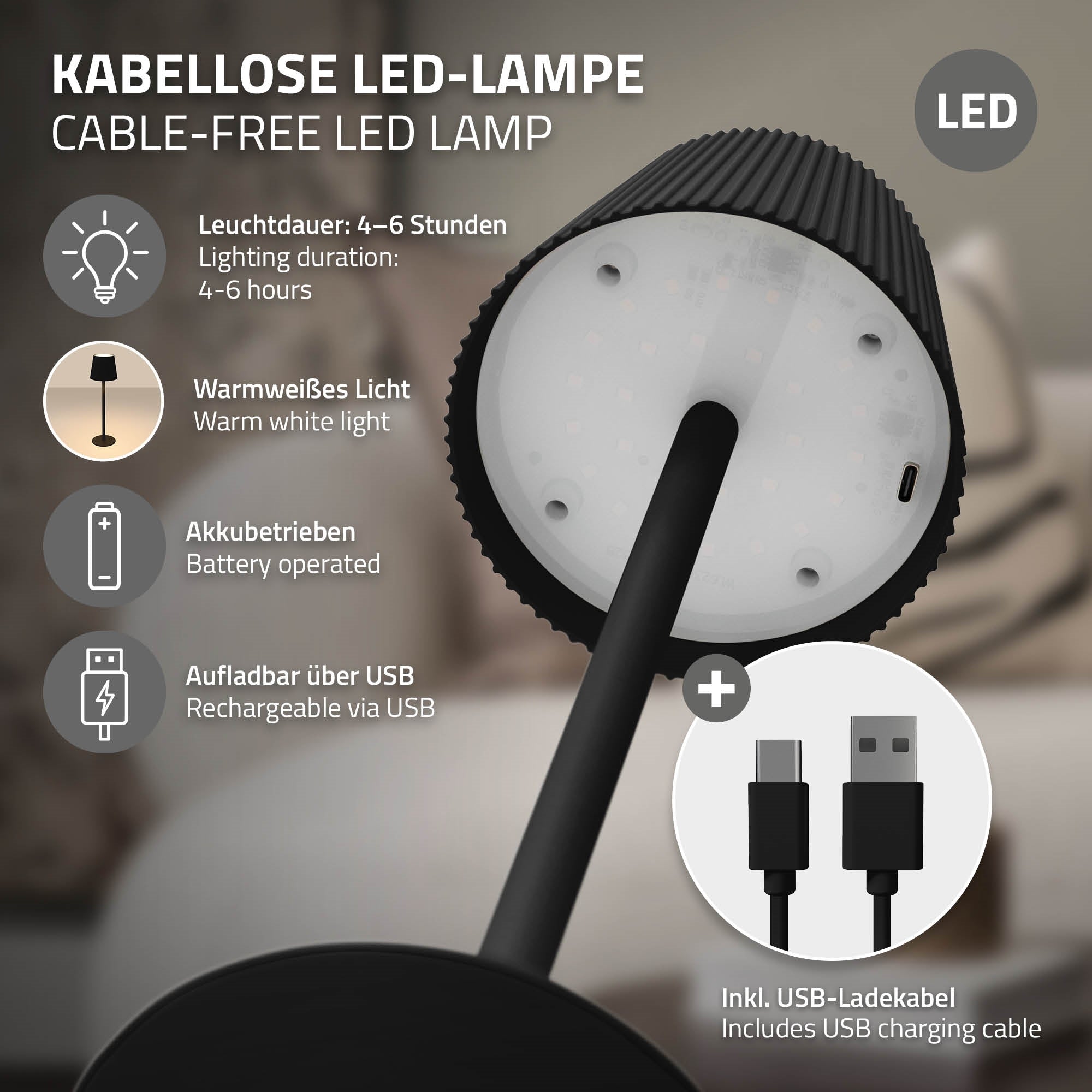 Lampe LED noire sans fil avec contrôle tactile et port de chargement USB.