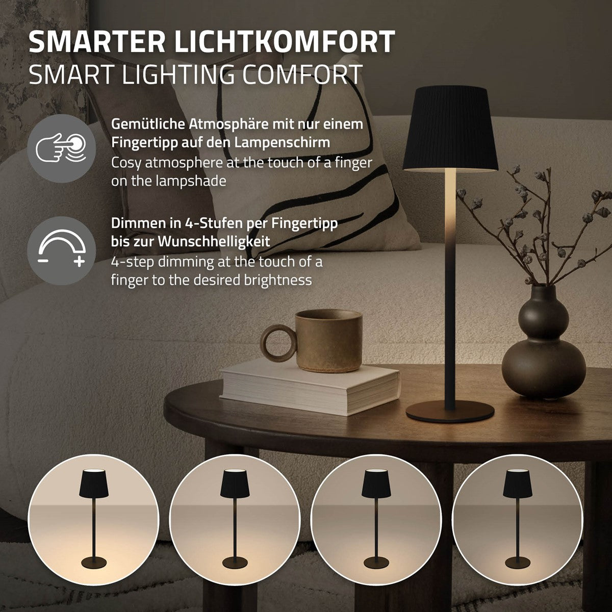 Stehlampe auf einem Tisch mit einer Kaffeetasse und verschiedenen Lichtstufen.