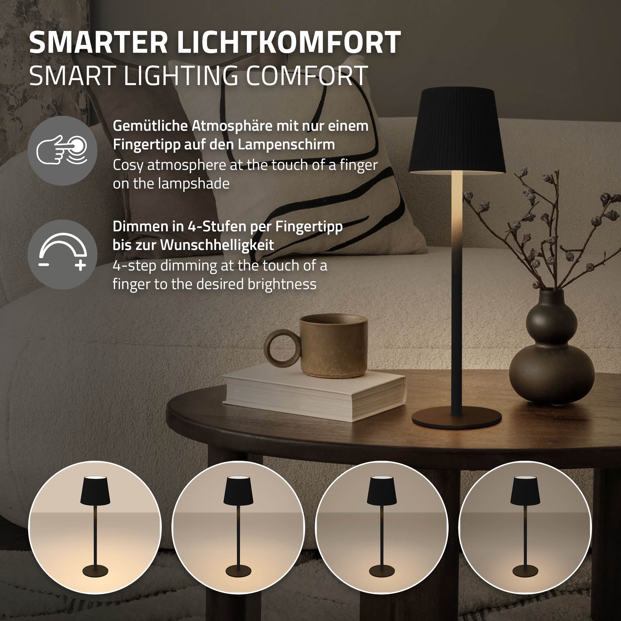 Lampadaire sur une table avec une tasse de café et différents niveaux de lumière.