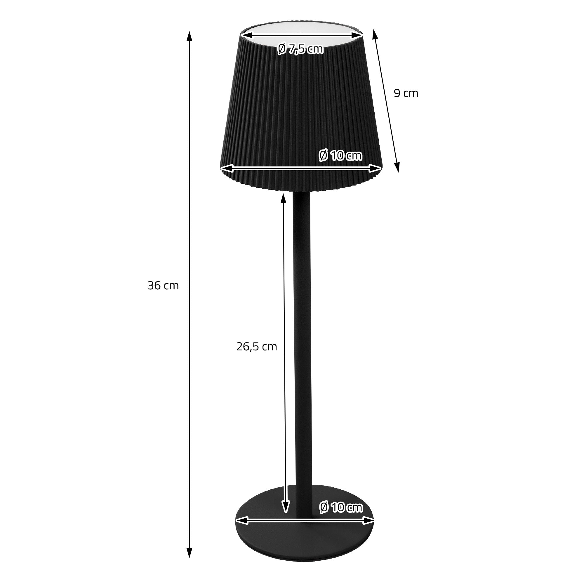 Disegno tecnico di una lampada da terra nera con dimensioni e diametri.