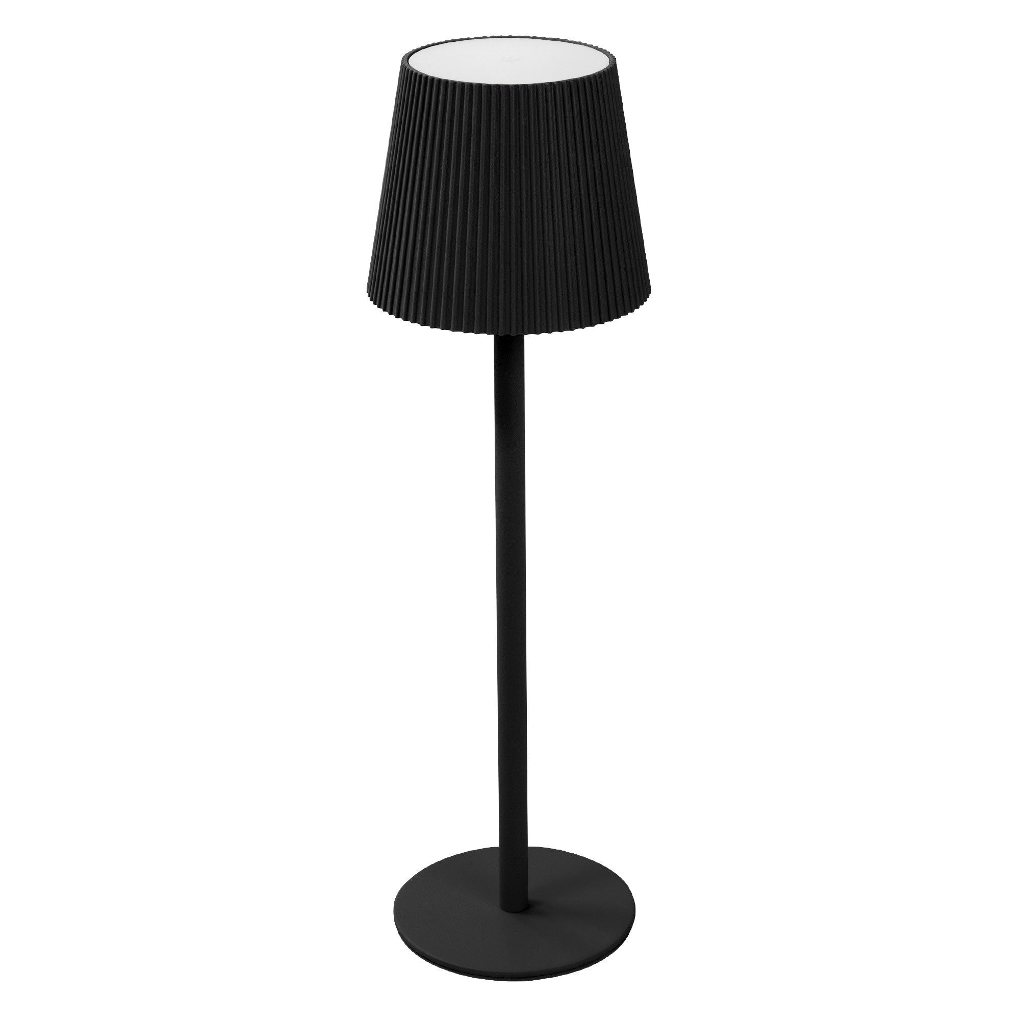 Stehlampe mit gefaltetem Lampenschirm auf einem runden Sockel.