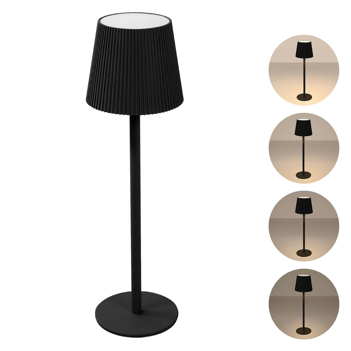 Schwarze Stehlampe mit plissiertem Lampenschirm und drei Lichtstufen.