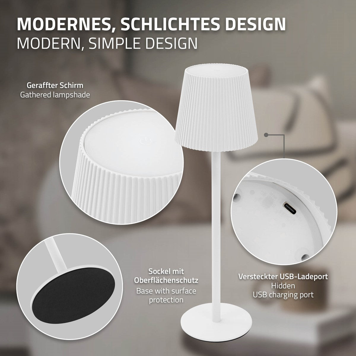 Floor lamp with a folded shade and a hidden USB charging port.