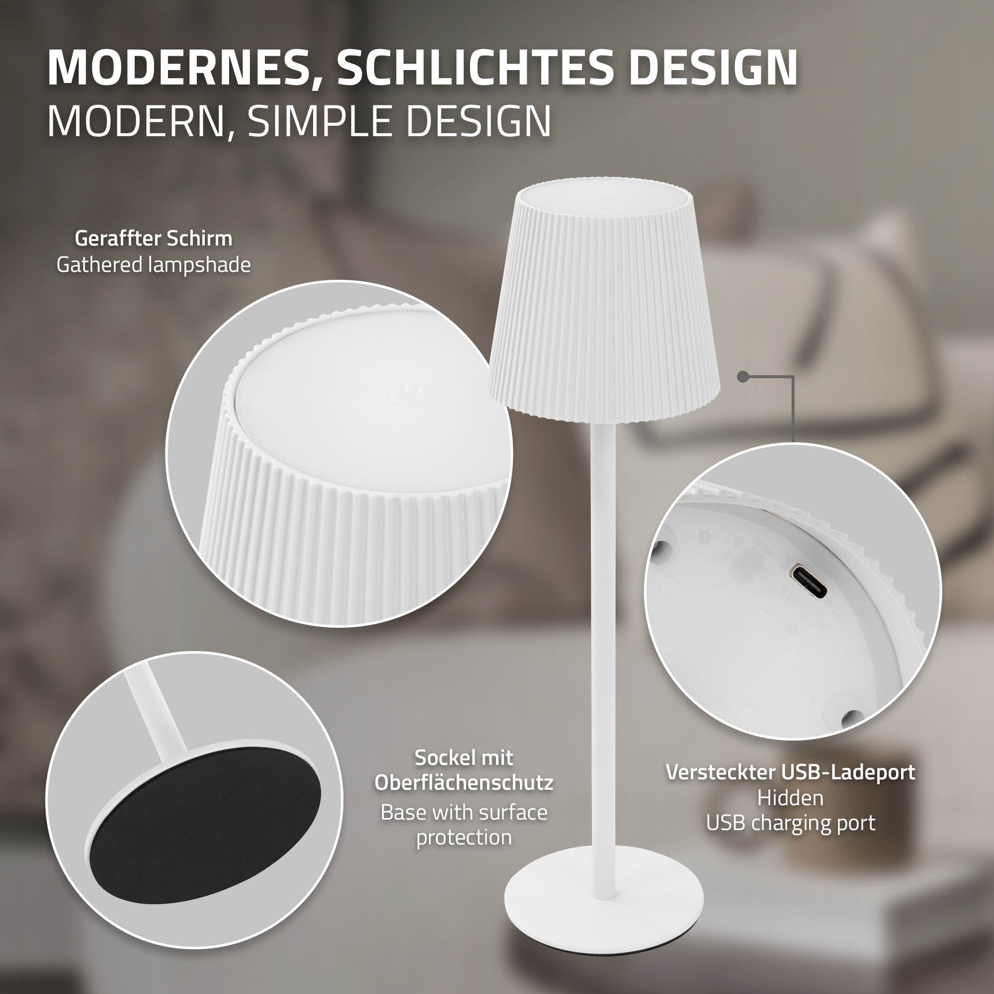 Floor lamp with a folded shade and a hidden USB charging port.