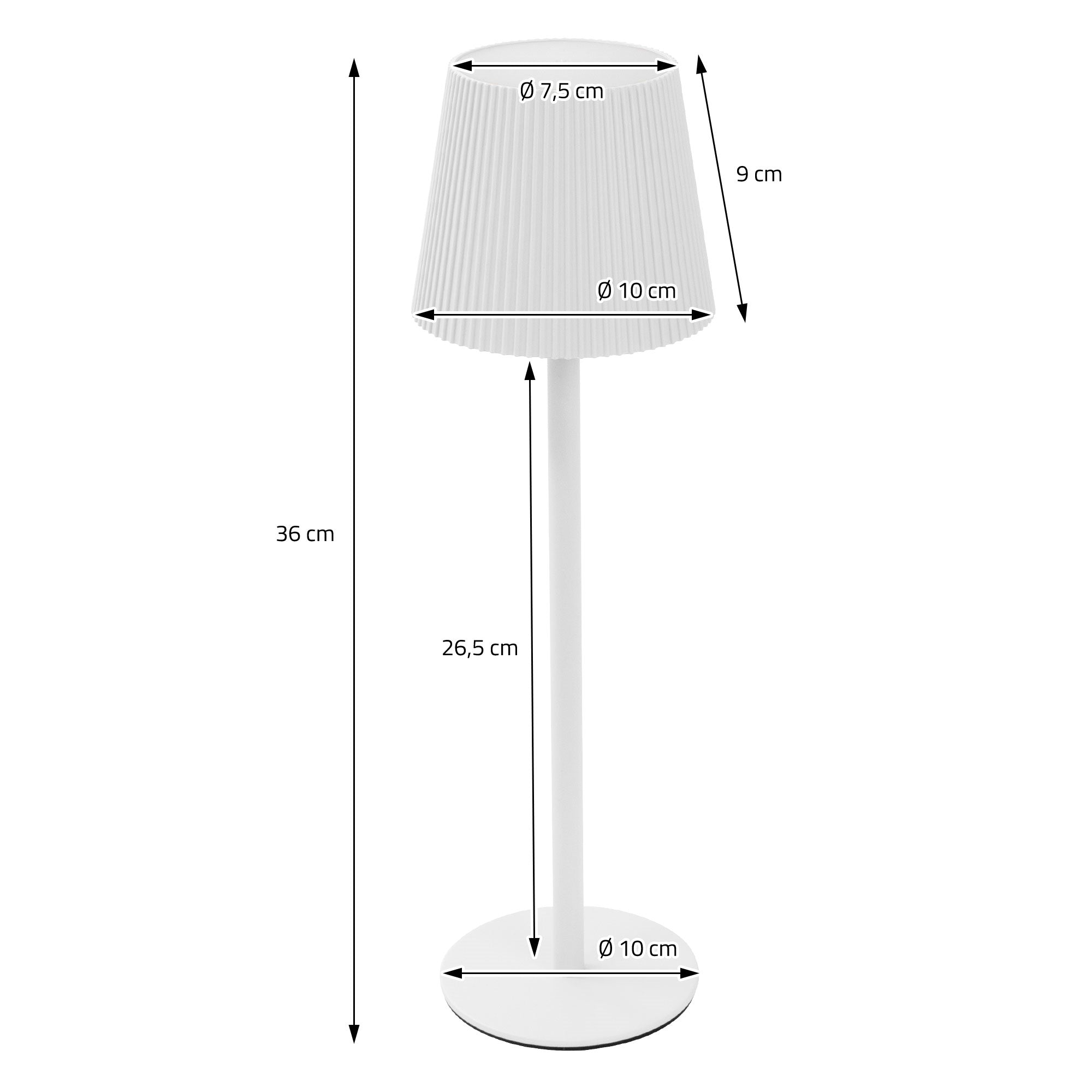 Floor lamp with white lampshade and round base, dimensions provided.