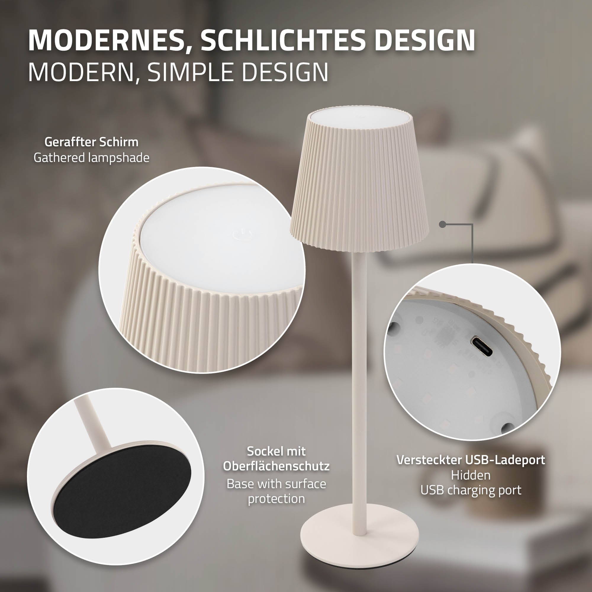 Modern floor lamp with a simple design and hidden USB charging port.