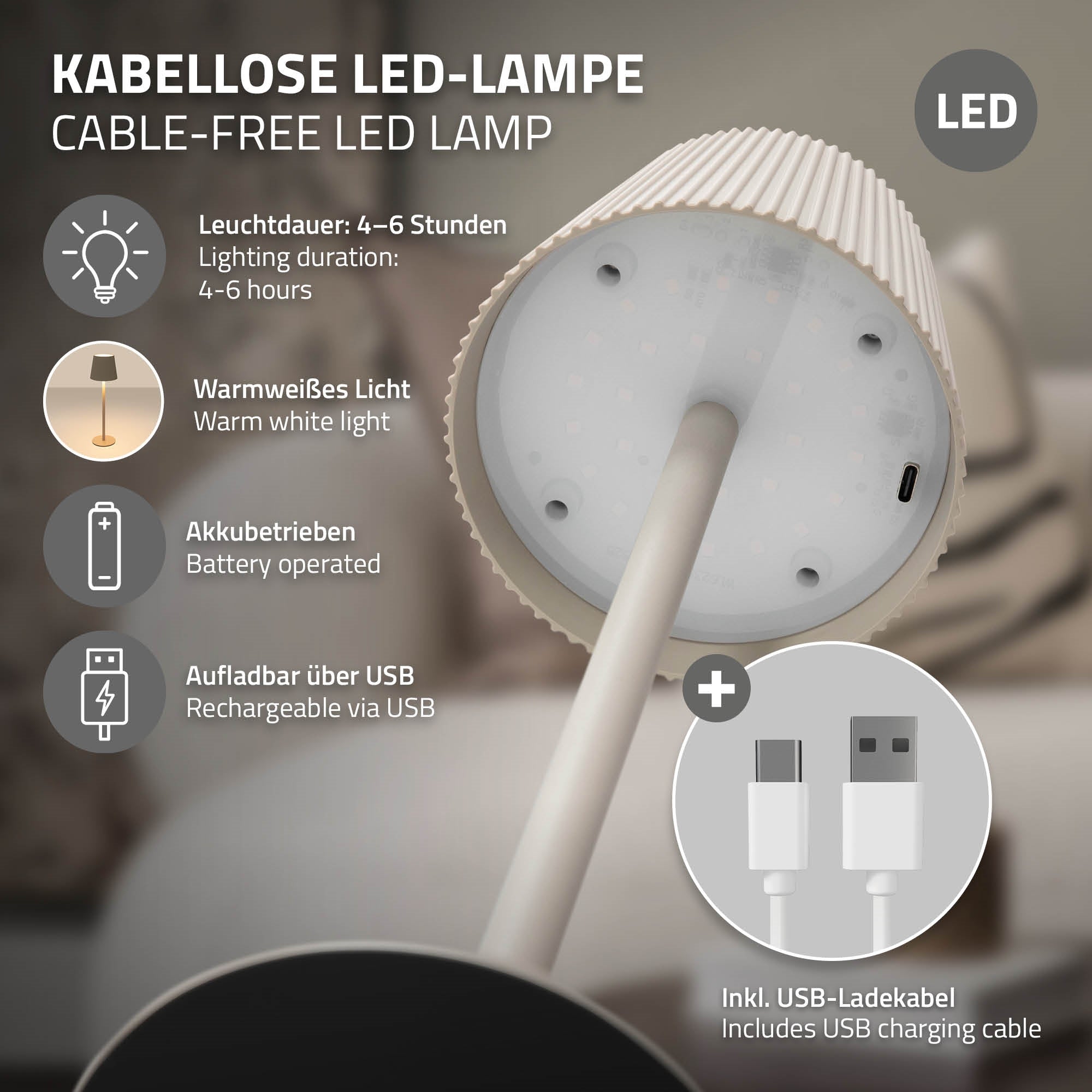 Wireless LED lamp with USB charging cable and warm white light.