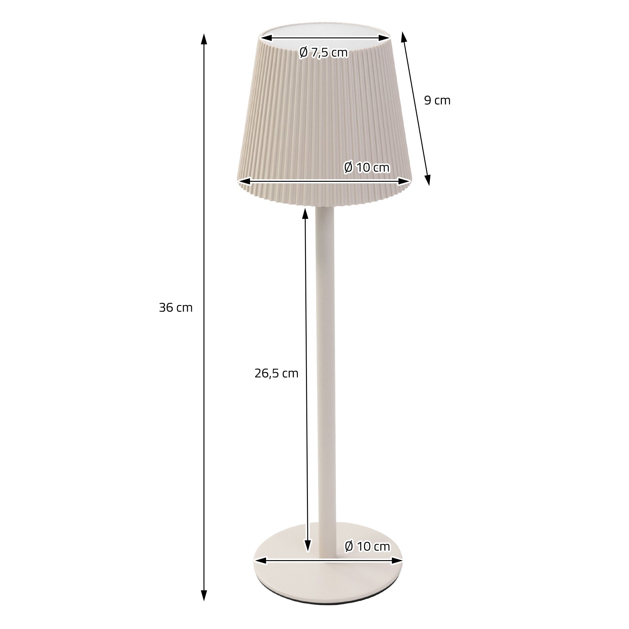 Measurement drawing of a white table lamp with various diameters.