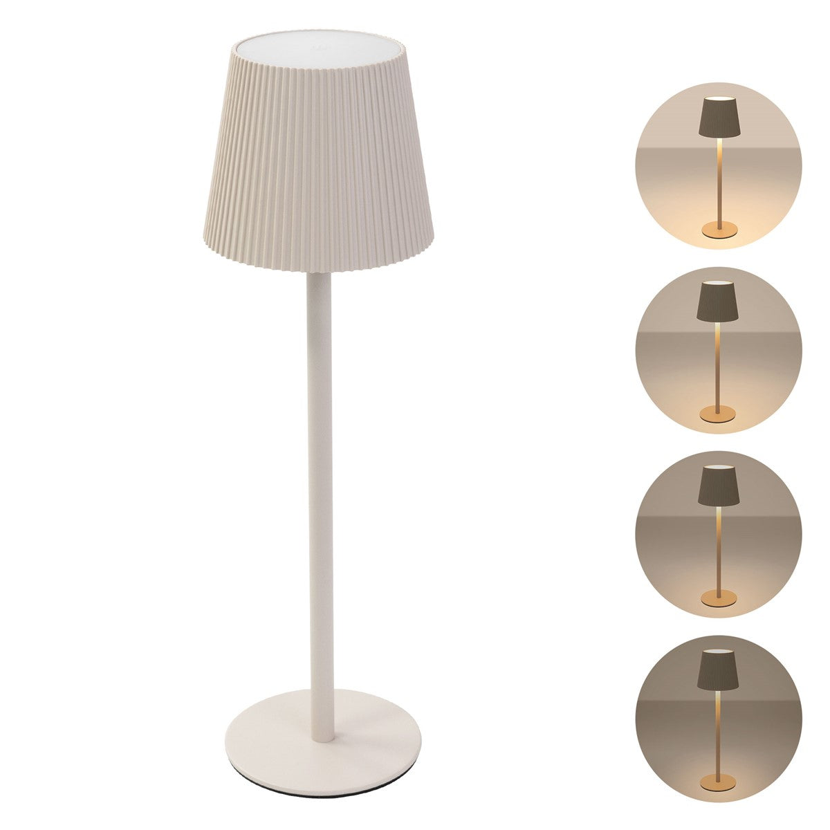 Stehlampe mit gefaltetem Lampenschirm und verschiedenen Lichtstufen in kleinen Bildern.