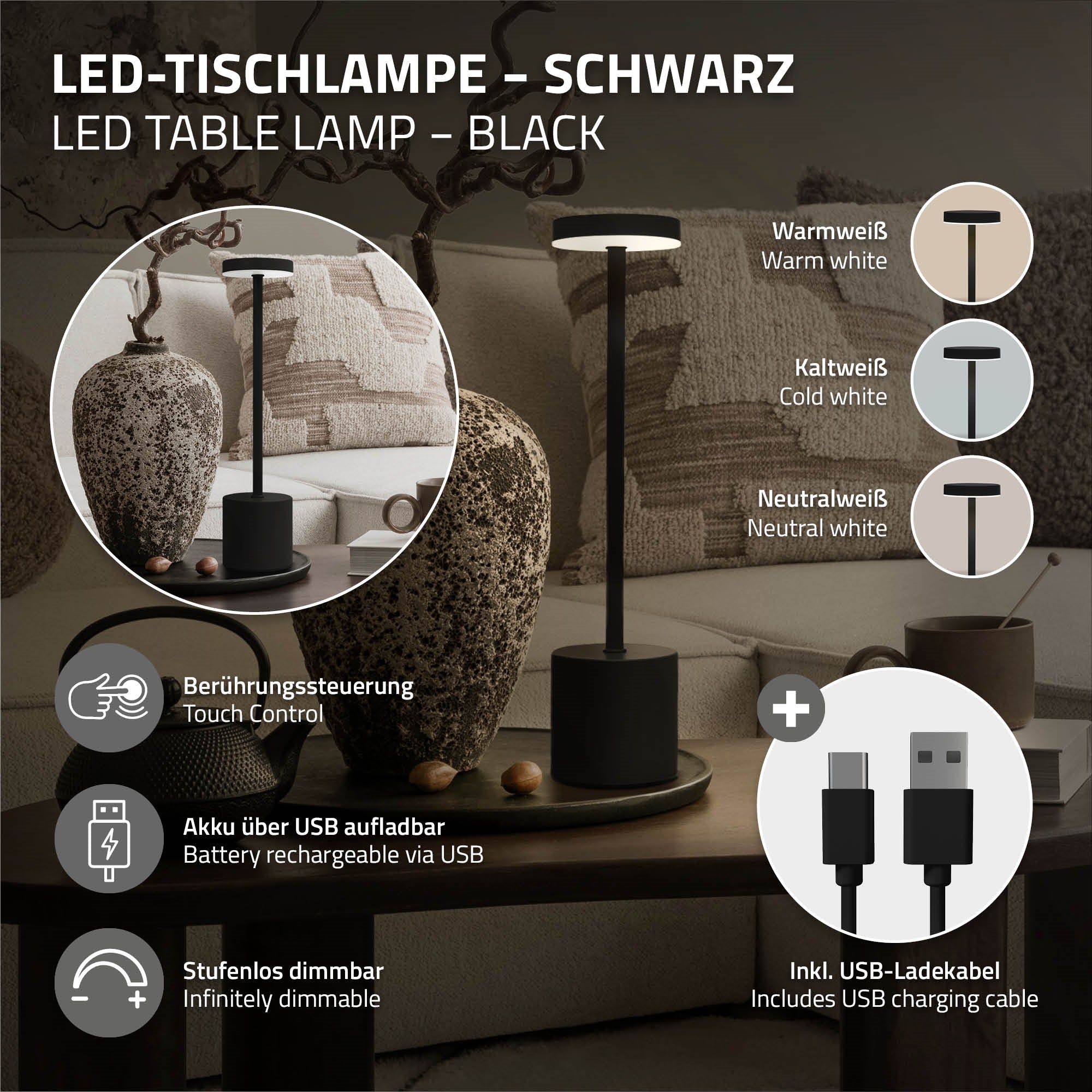 Schwarze LED-Tischlampe mit Touch-Steuerung und USB-Ladeanschluss.