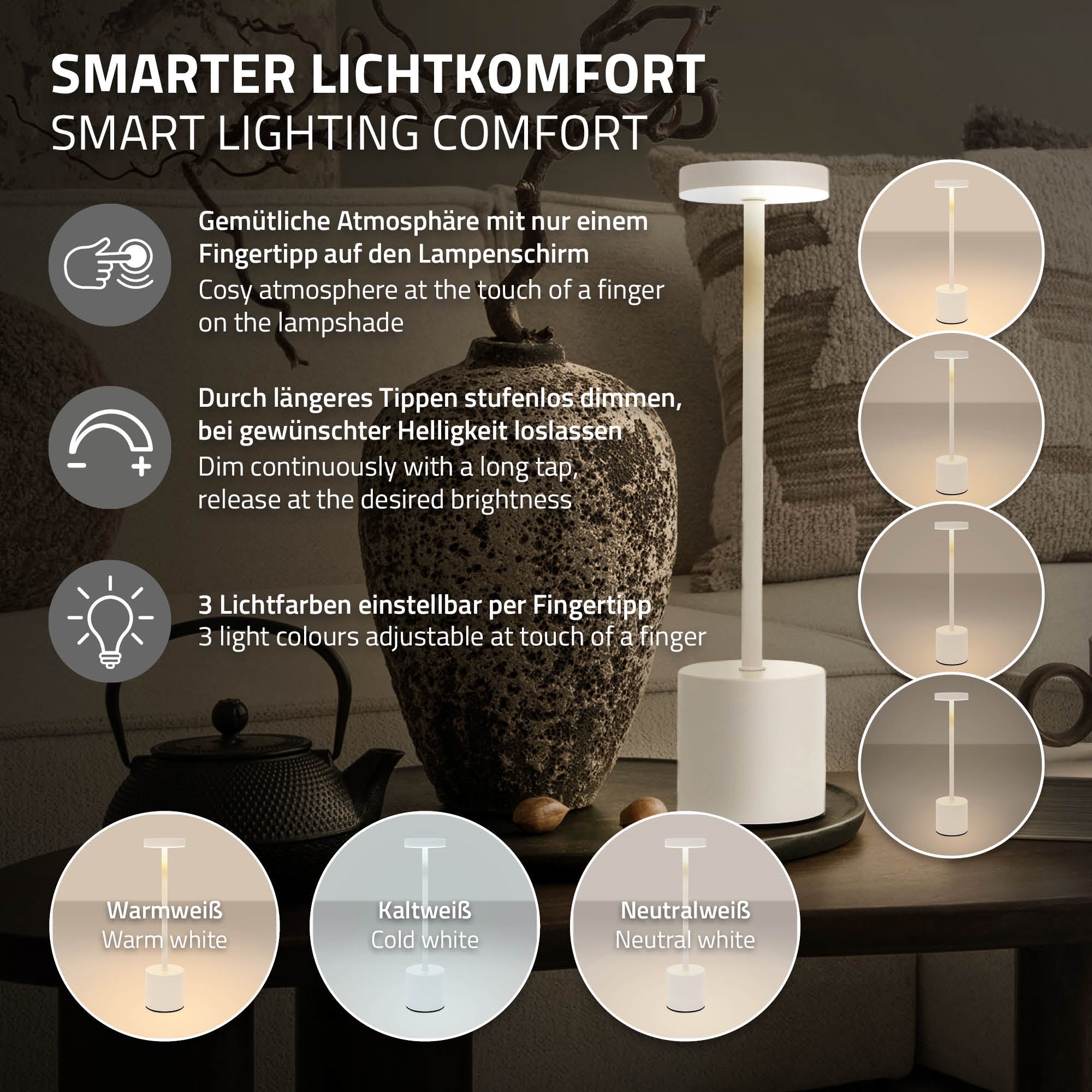 Grafik mit Informationen zur Stehlampe und ihren Lichtfunktionen.