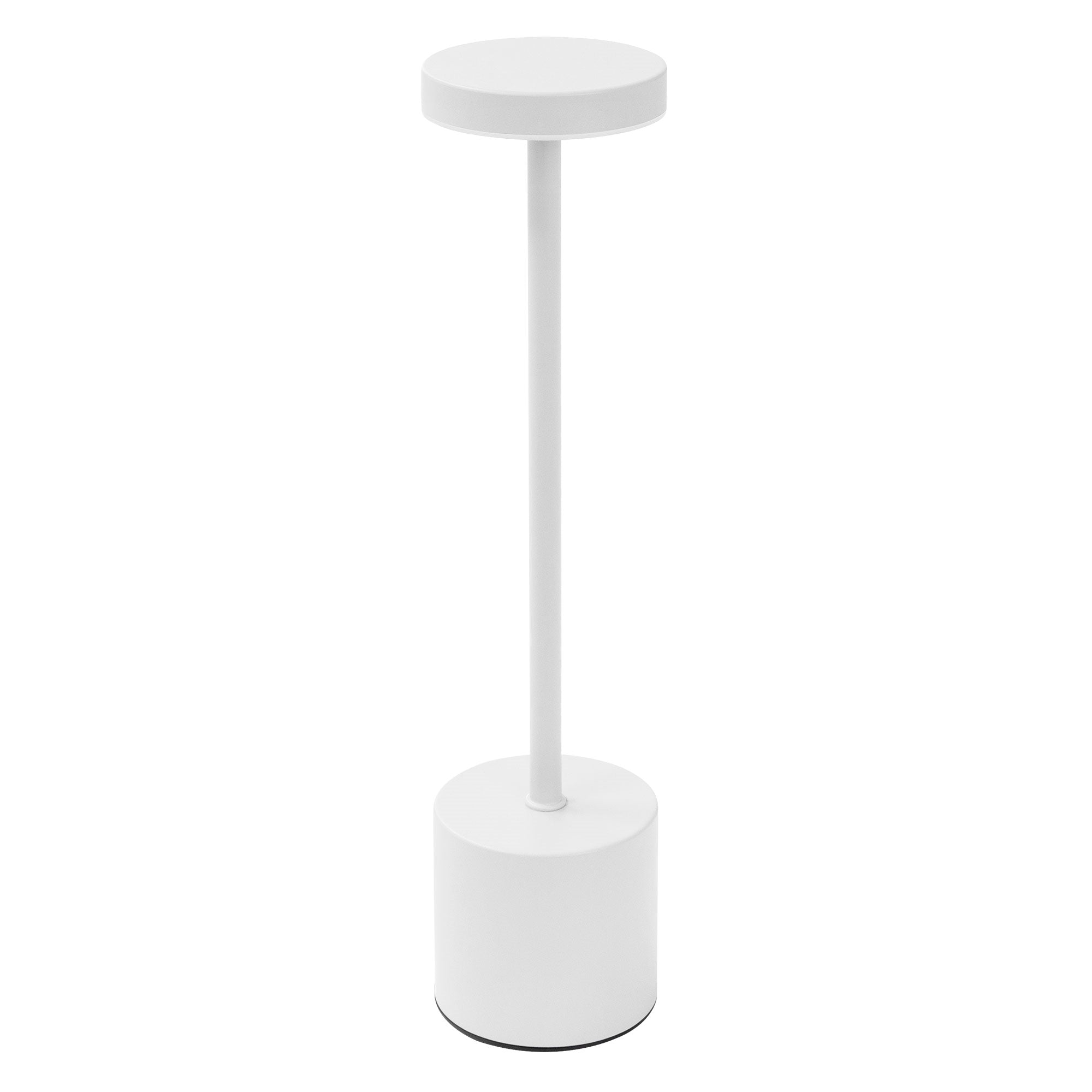 Eine weiße Stehlampe mit runder Oberseite und zylindrischem Fuß.