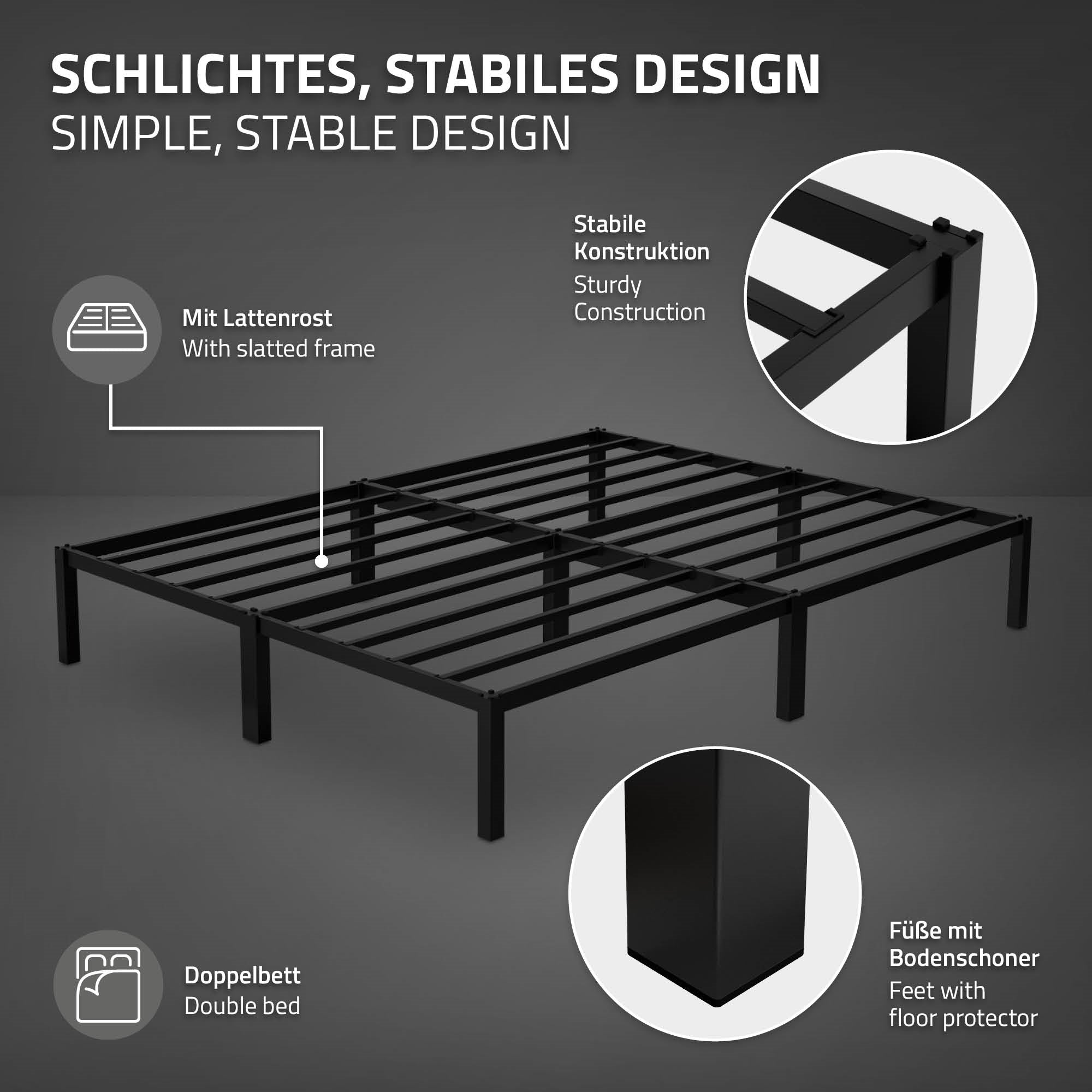 Black bed frame with sturdy construction and slatted supports.