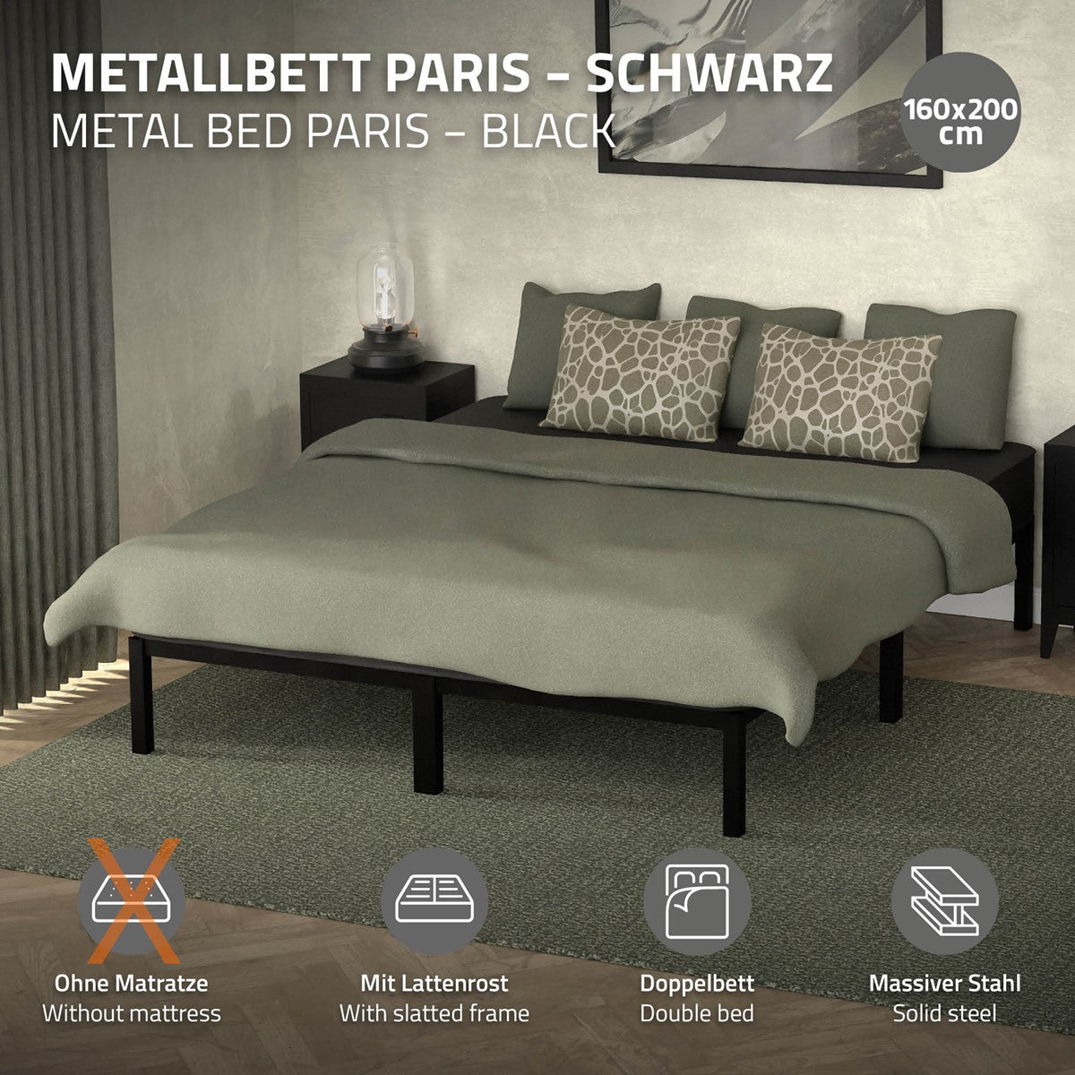 Schwarzes Metallbett ohne Matratze, mit Lattenrost und zwei Kissen.