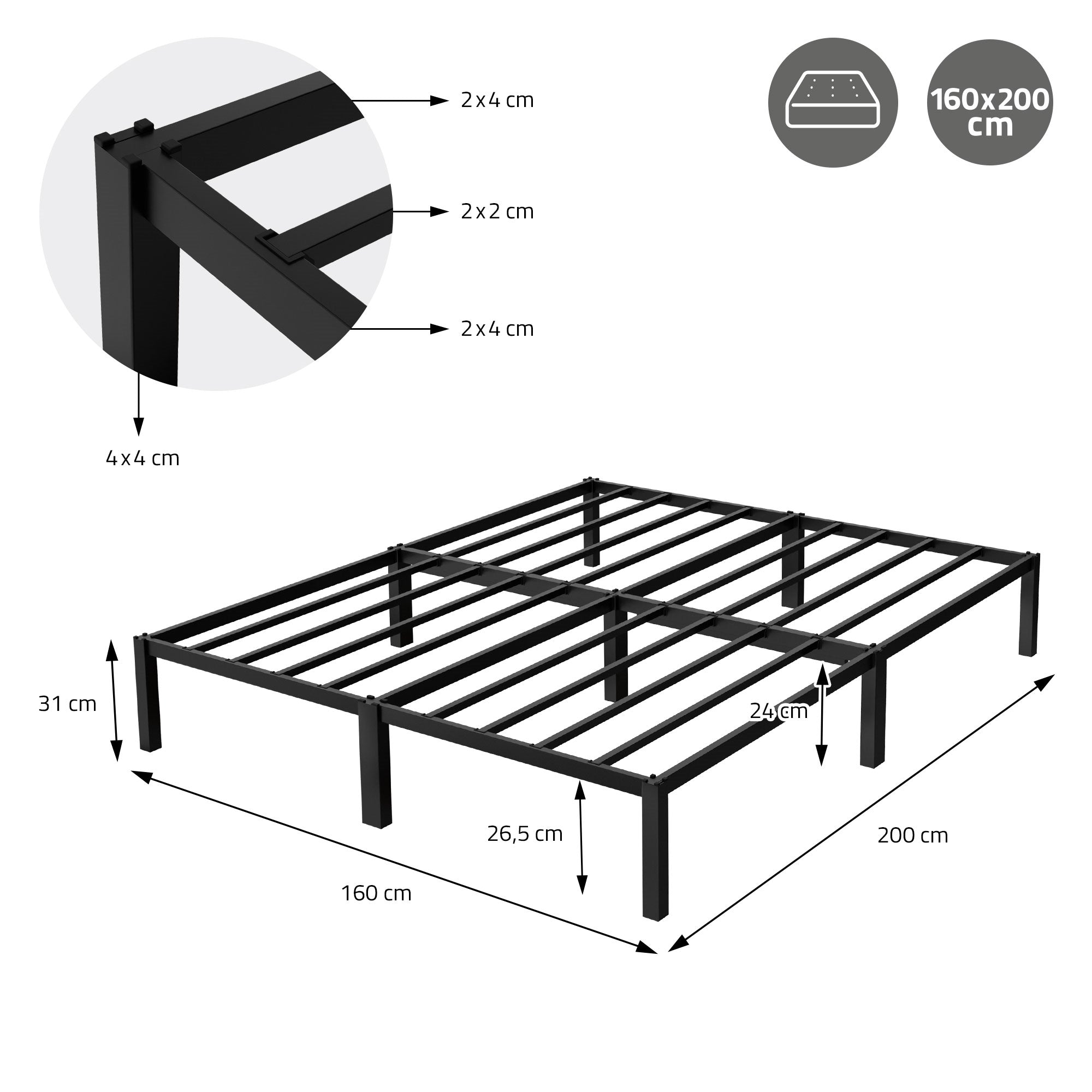 Black bed frame with dimensions 160x200 cm and sturdy cross struts.