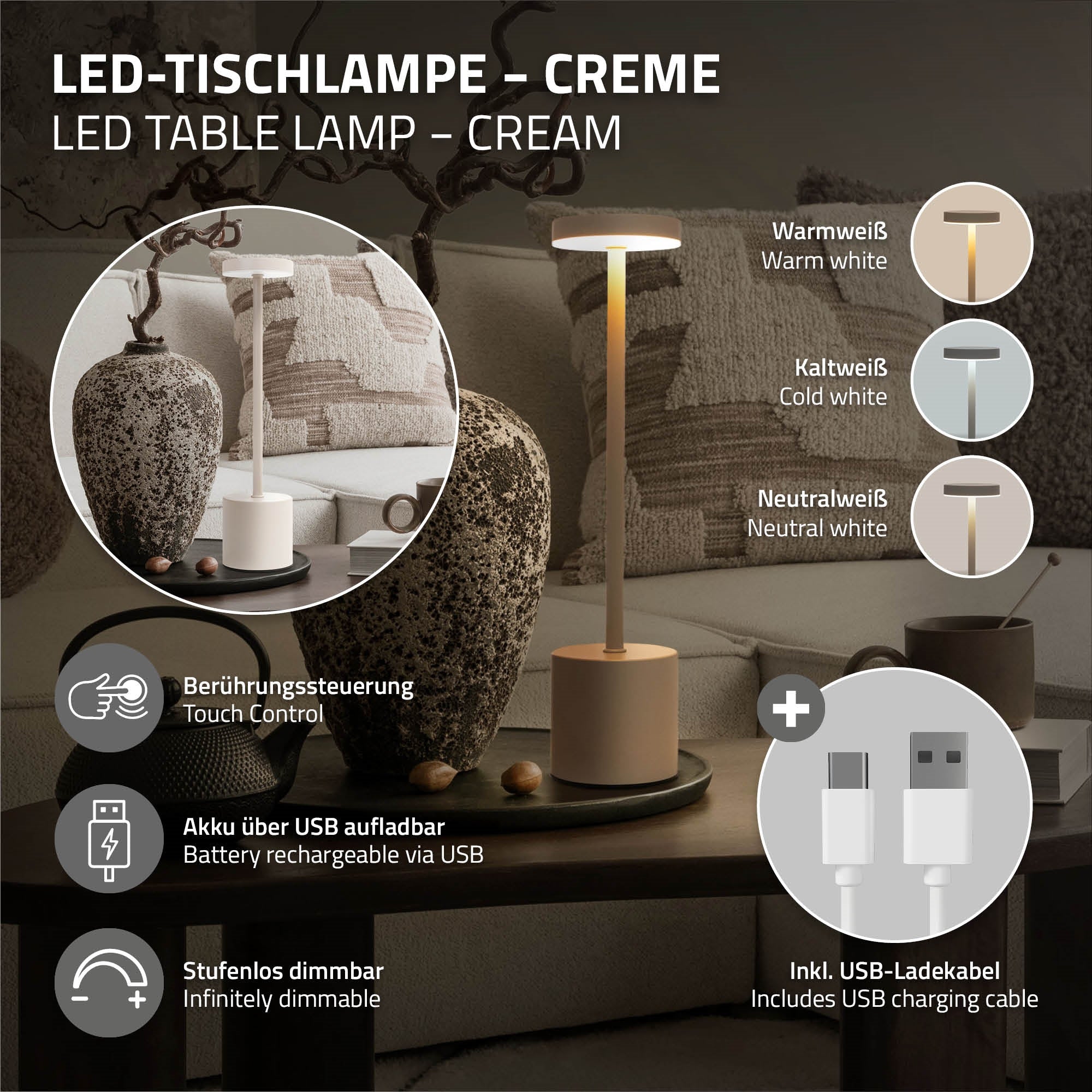 LED-Tischlampe in Creme mit Touch-Steuerung und USB-Ladeanschluss.