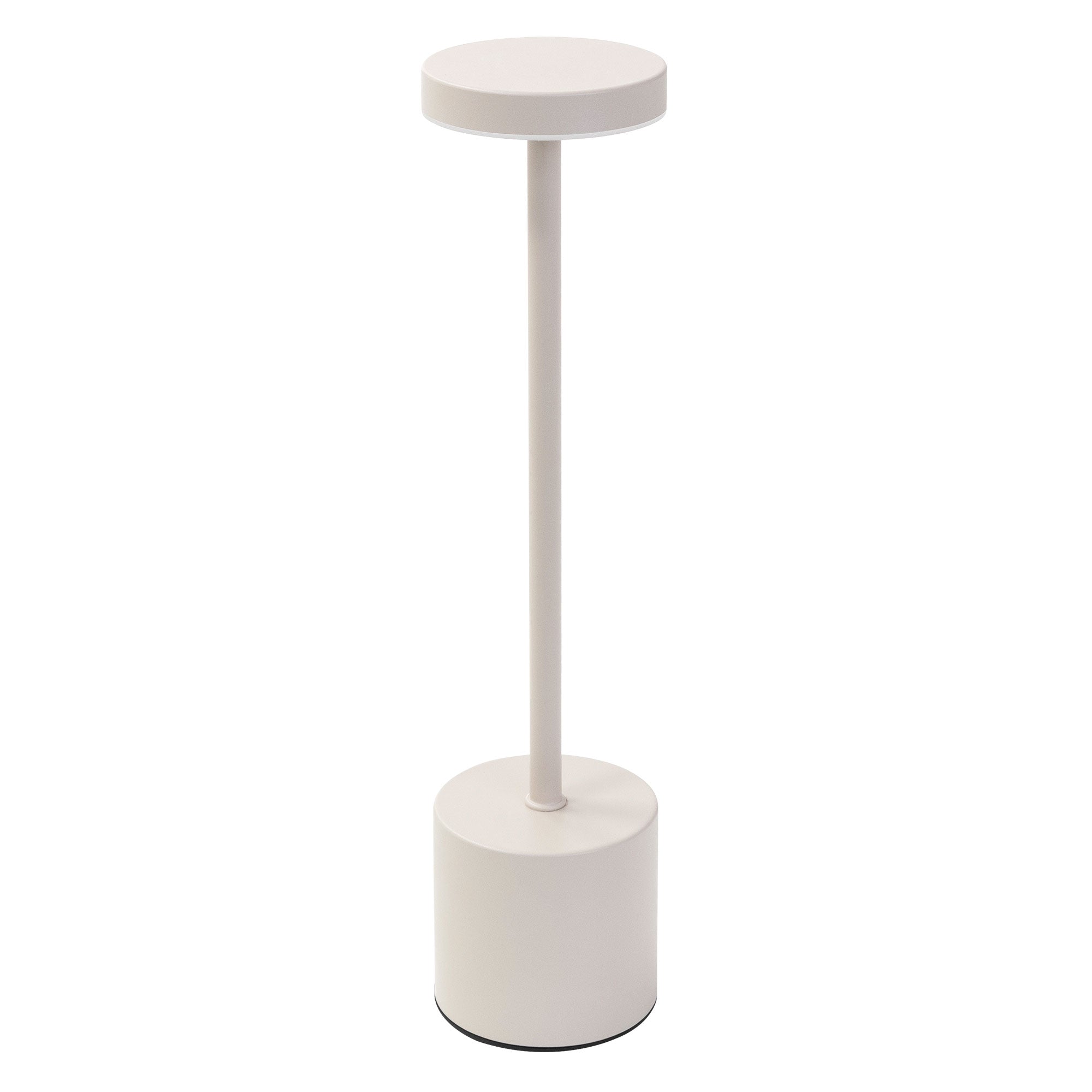 Stehlampe mit runder Oberseite und zylindrischem Sockel in Weiß.