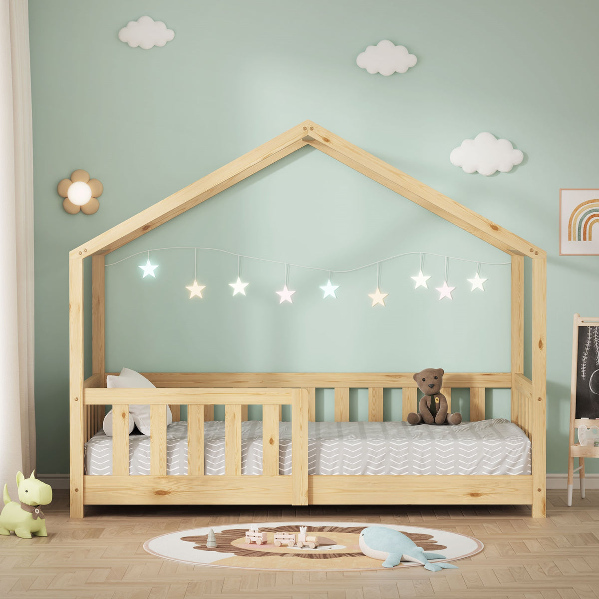 Un lettino per bambini in design casa con decorazioni e giocattoli.