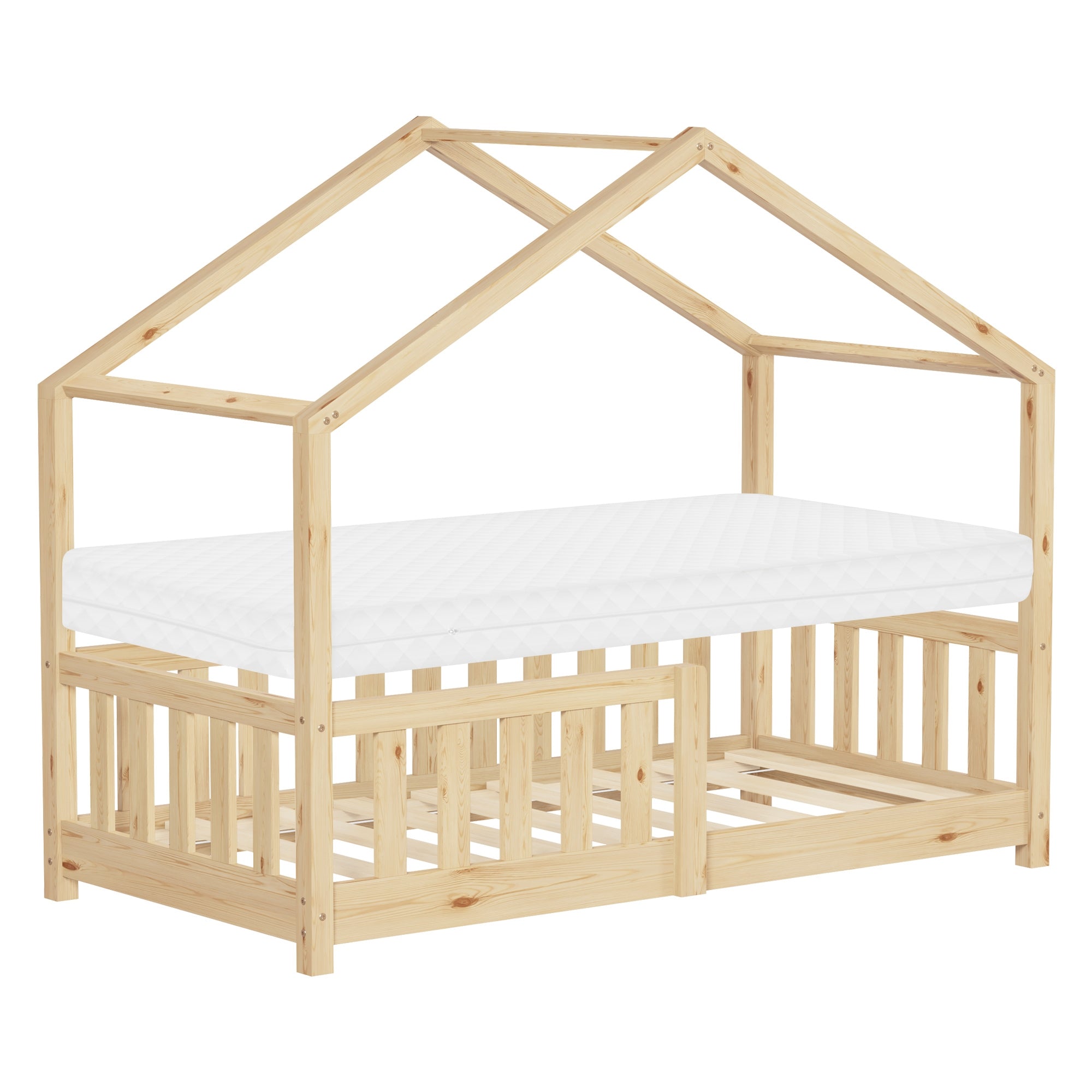 Holzgestell in Hausform mit Matratze, ohne Bettwäsche.