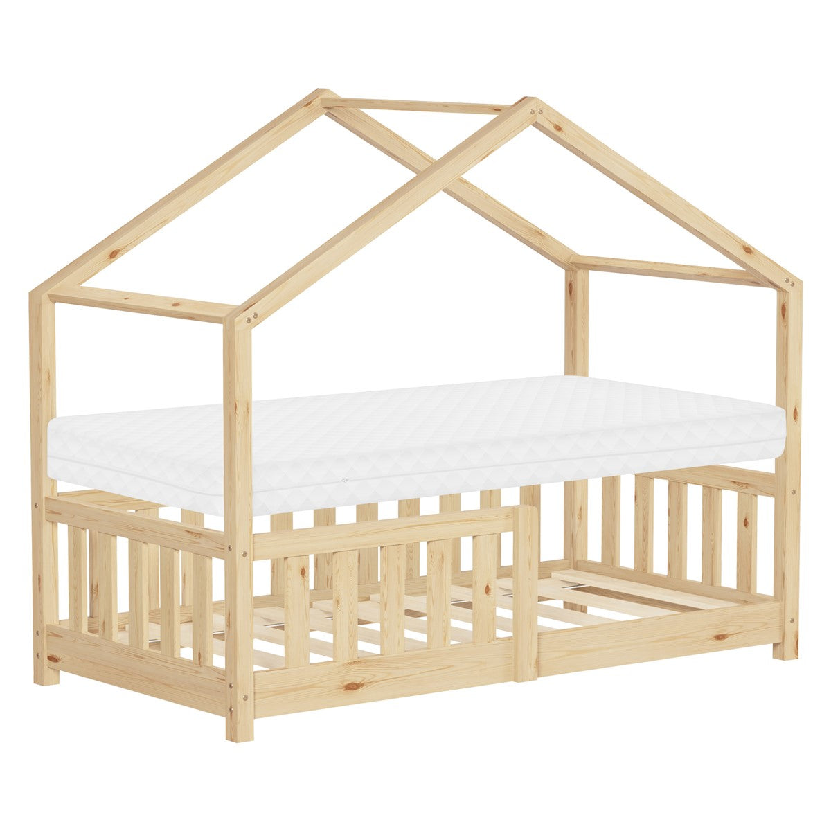 Holzgestell in Hausform mit Matratze, ohne Bettwäsche.