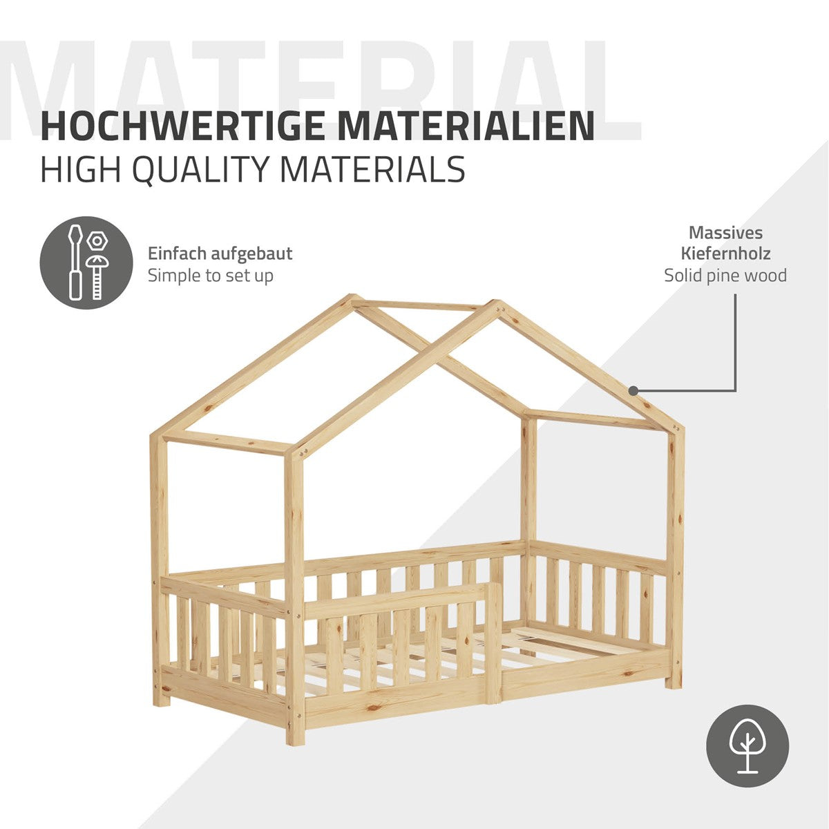 Holzrahmen eines Bettes aus massivem Kiefernholz.