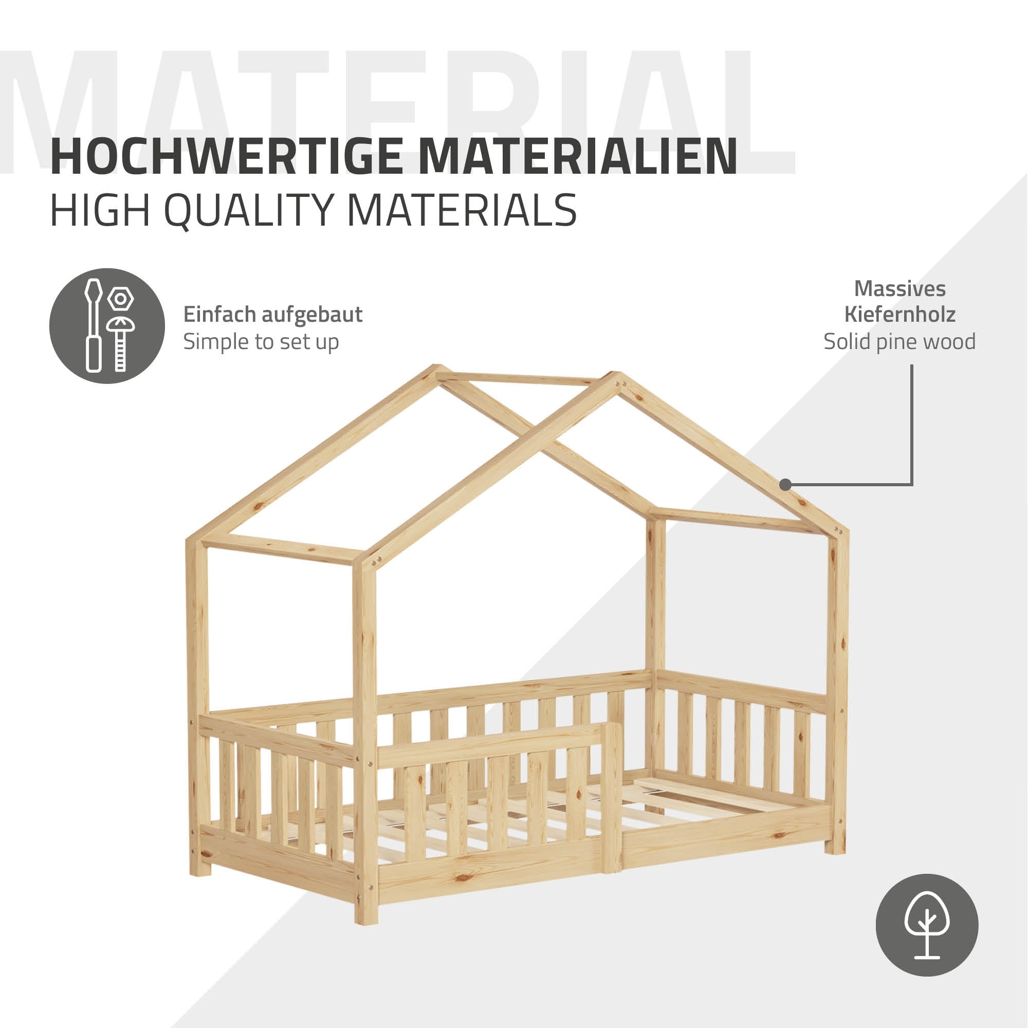 Holzrahmen eines Bettes aus massivem Kiefernholz.