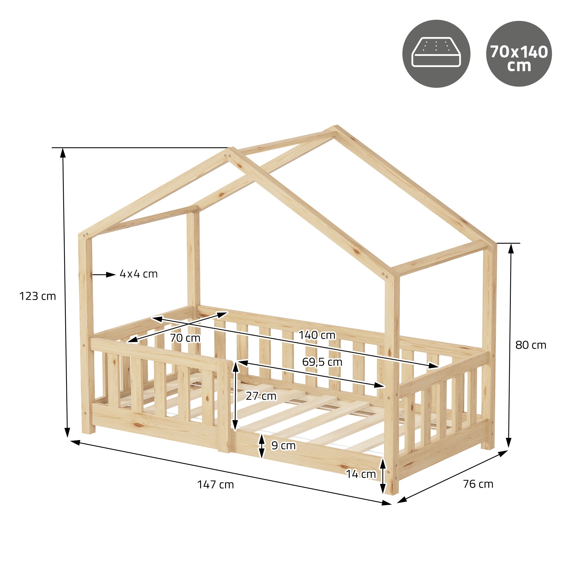 Holzspielhaus mit Dach, Maße in cm, offenes Design mit Gitter.