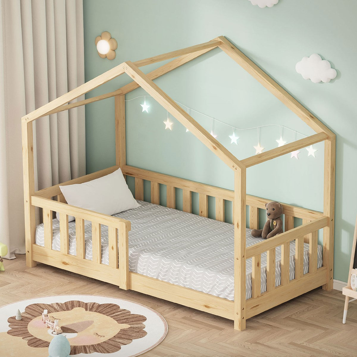 Wooden bed with a canopy, pillow and toy on a rug.