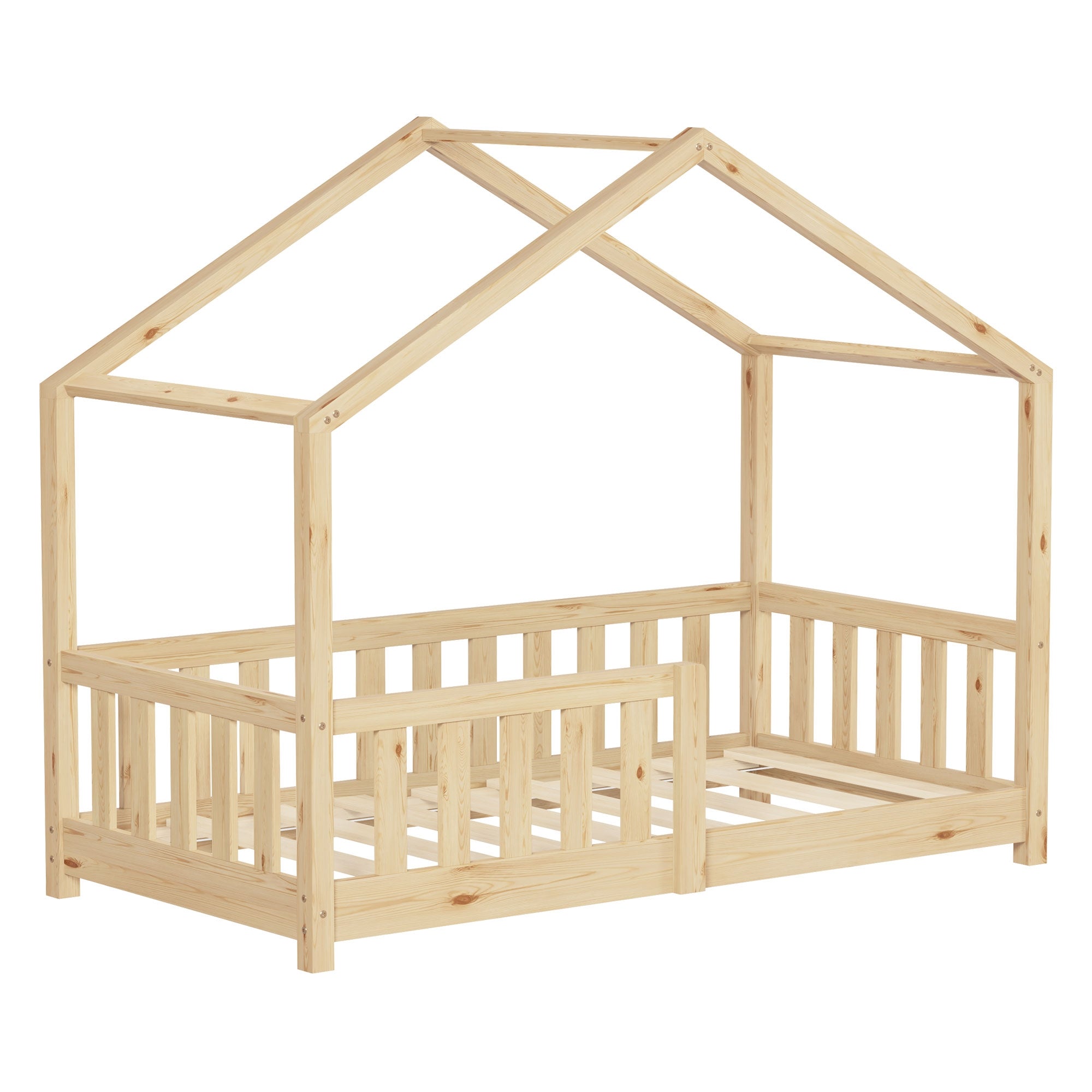 Naturfarbenes Kinderbett mit Dach, Holzrahmen, ohne Matratze.