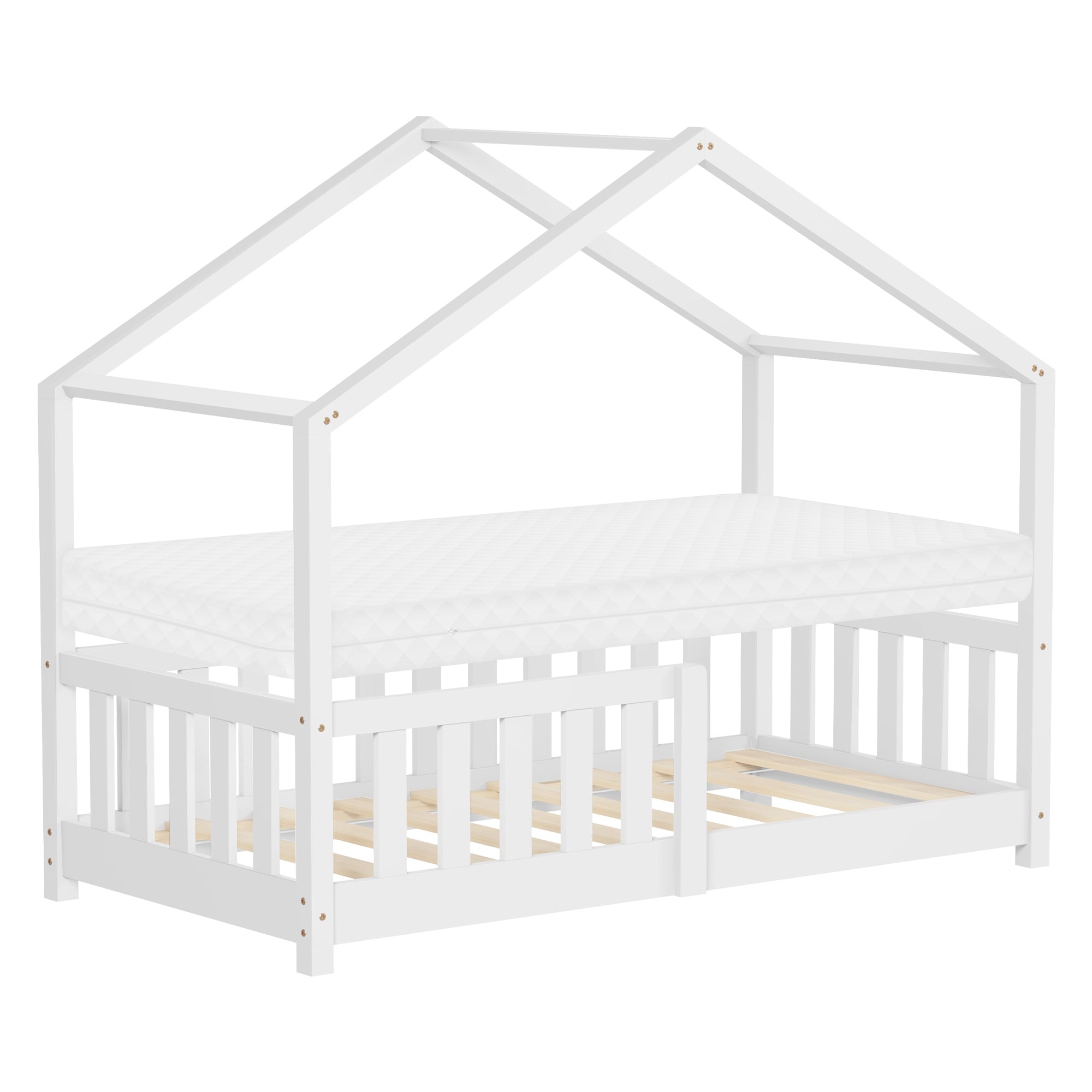 Weißes Kinderbett mit Dach und Matratze, Holzrahmen, ohne Bettwäsche.