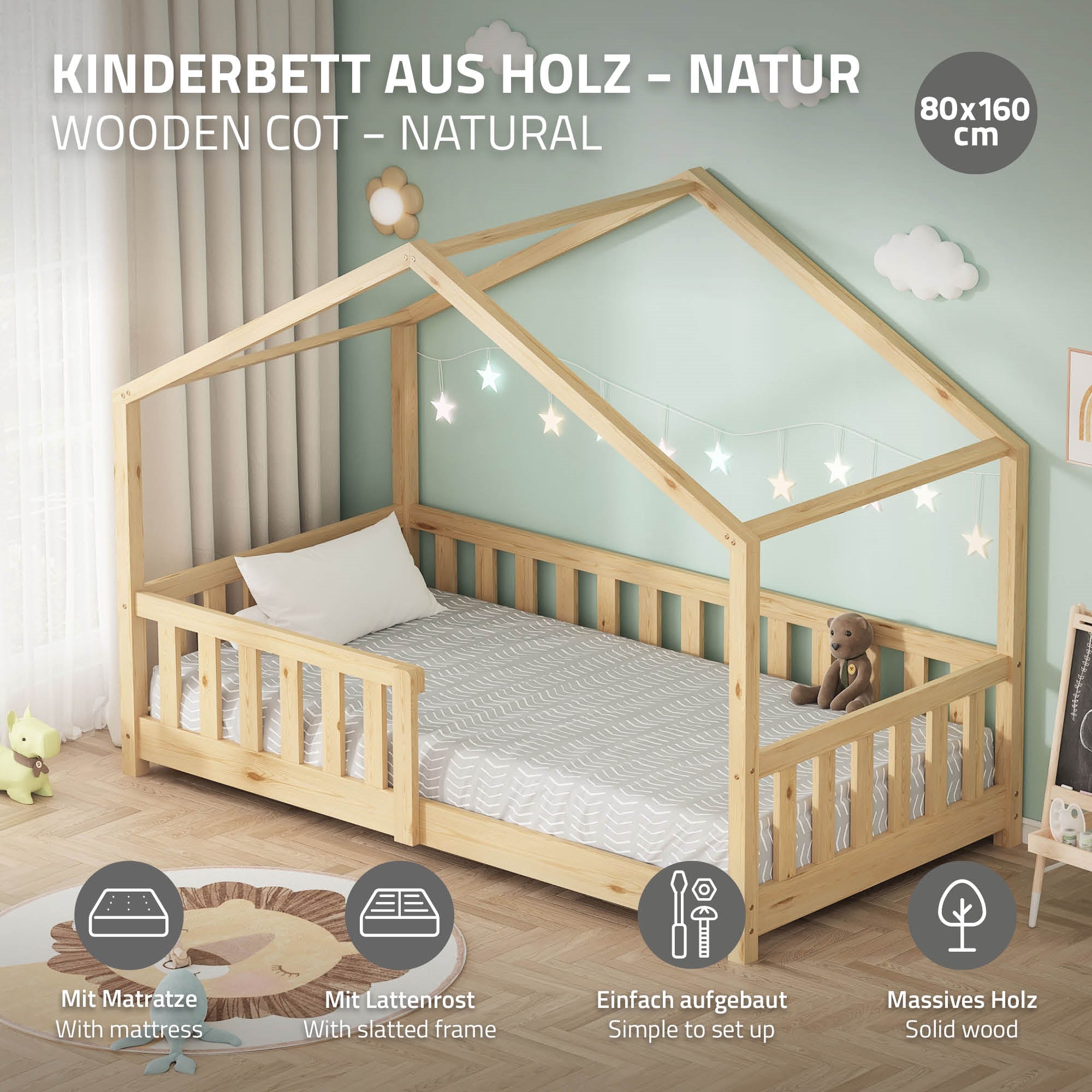 Holz-Kinderbett mit Matratze und Lichterkette.