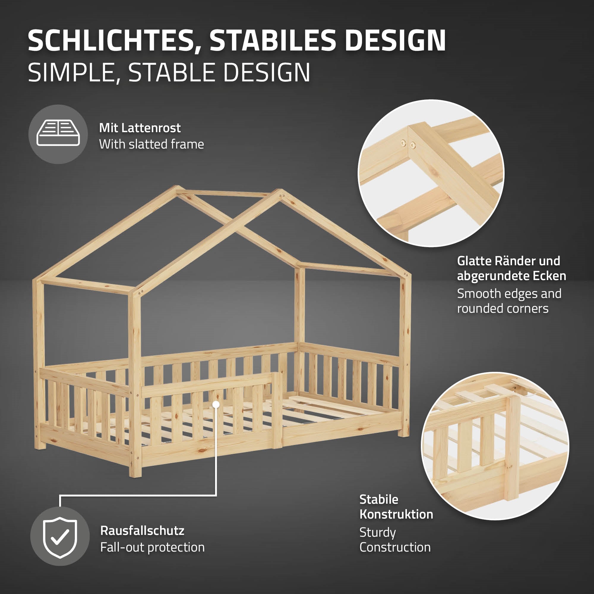 Lit en bois pour enfant avec toit, cadre stable et bords lisses.