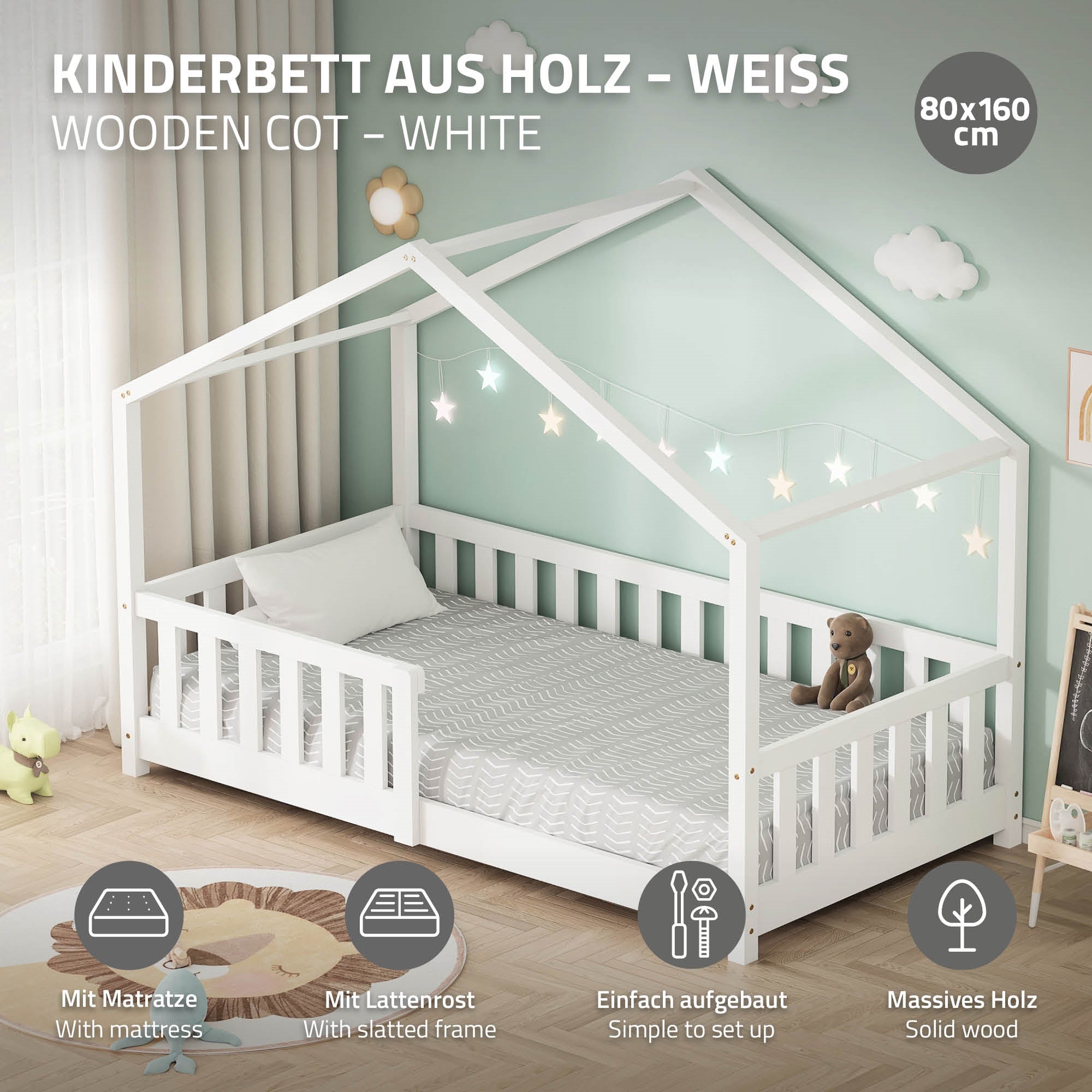 Holz-Kinderbett in Weiß mit Matratze und Lattensystem.