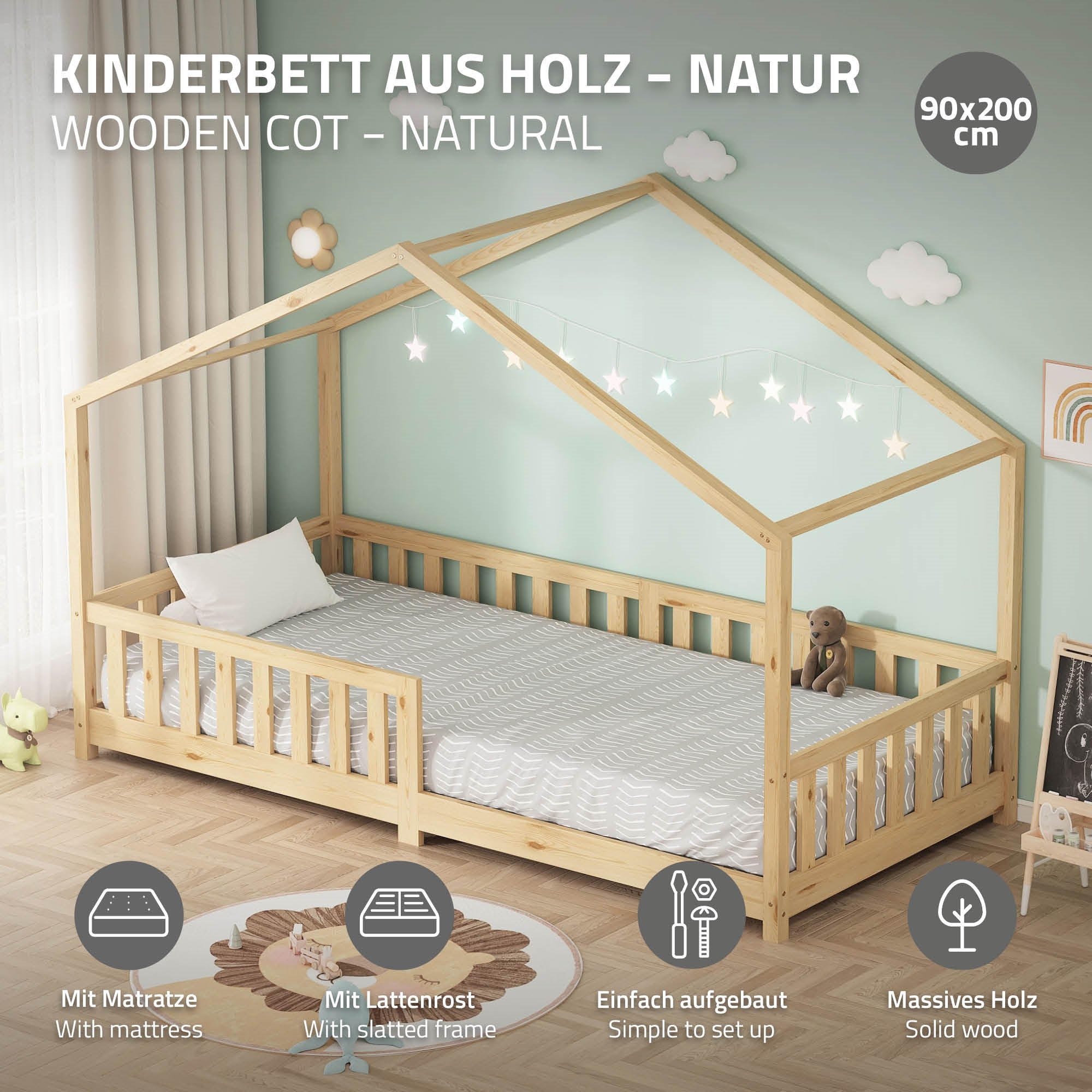 Holz-Kinderbett mit stabiler Konstruktion und Rausfallschutz.