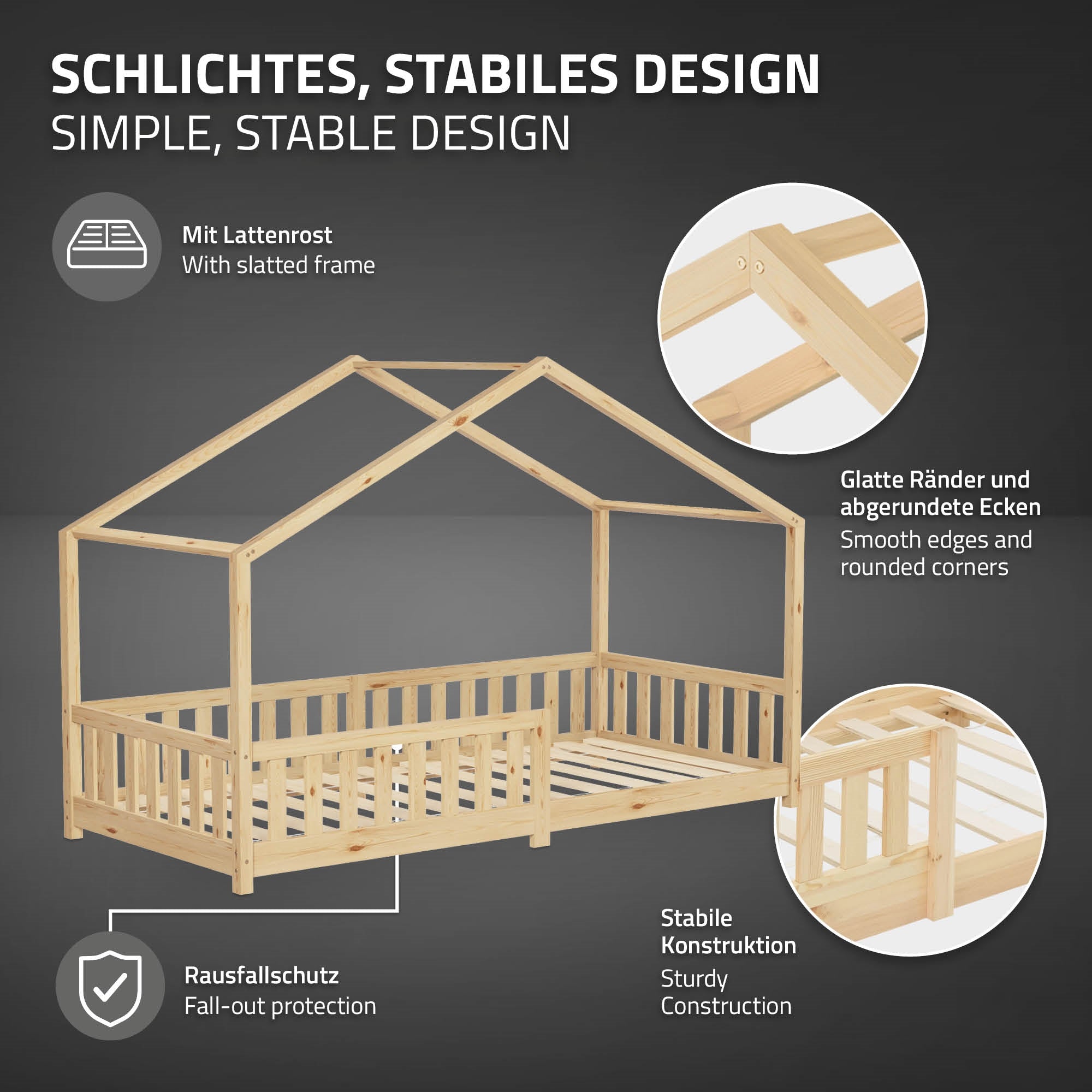 Weißes Kinderbett aus Holz mit Matratze und Lattensystem.
