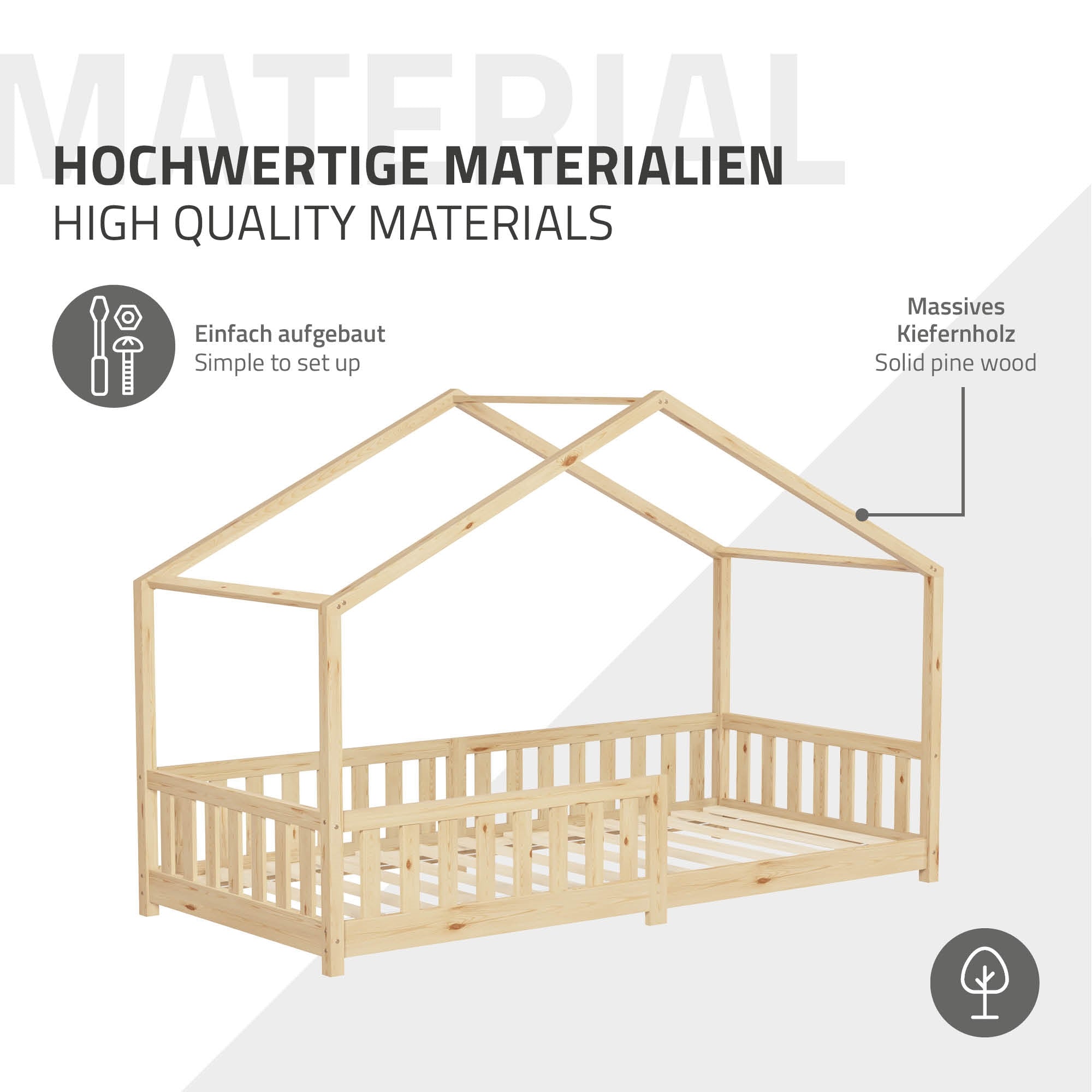 Holzrahmenbett aus massivem Kiefernholz mit stabiler Bauweise.