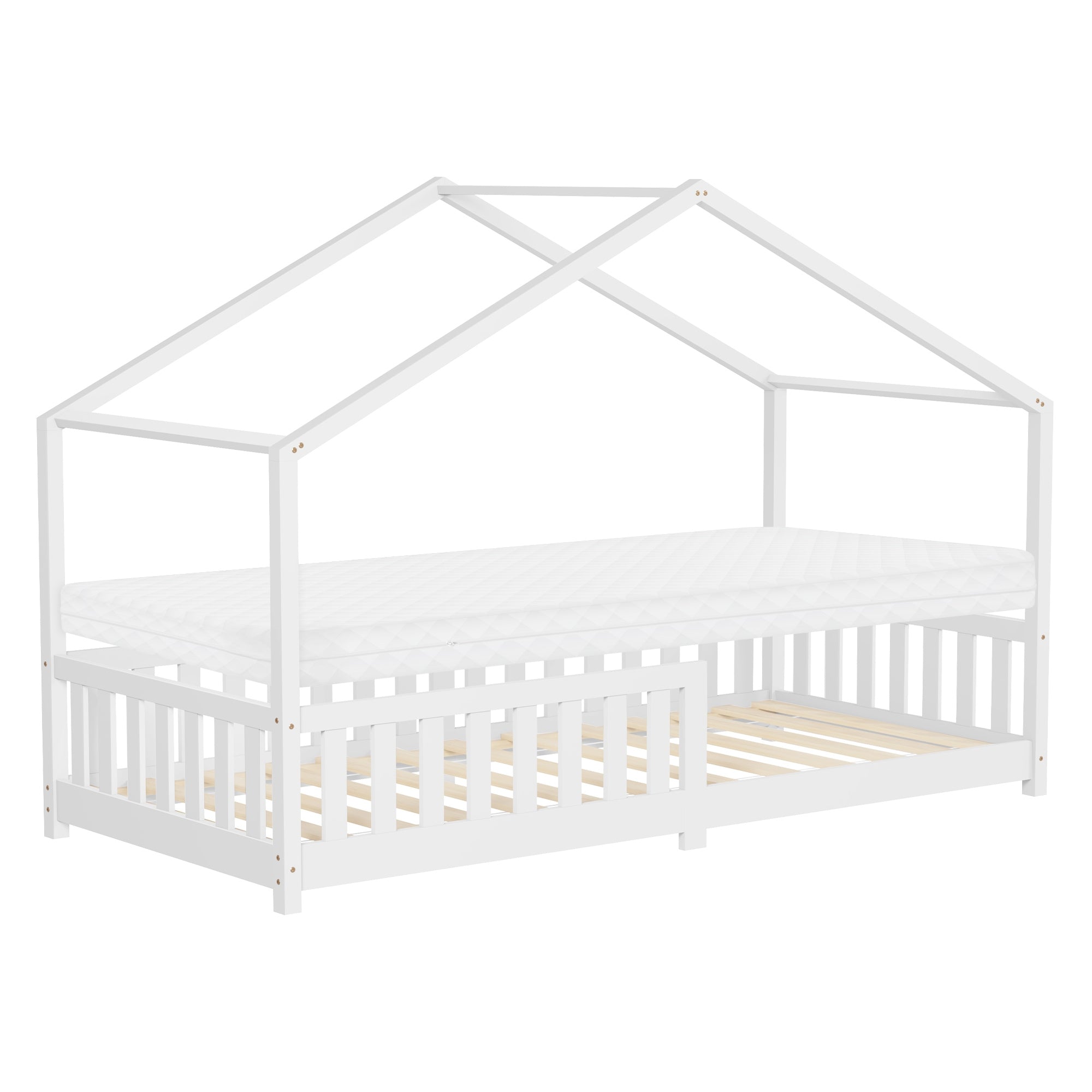 Ein weißes Bett mit Hausdach-Design und einer Matratze auf einem Holzrahmen.