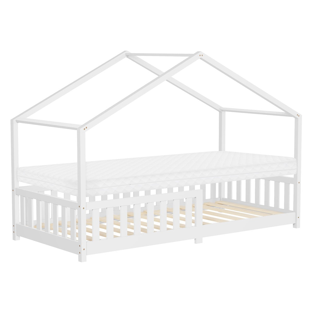 Ein weißes Bett mit Hausdach-Design und einer Matratze auf einem Holzrahmen.
