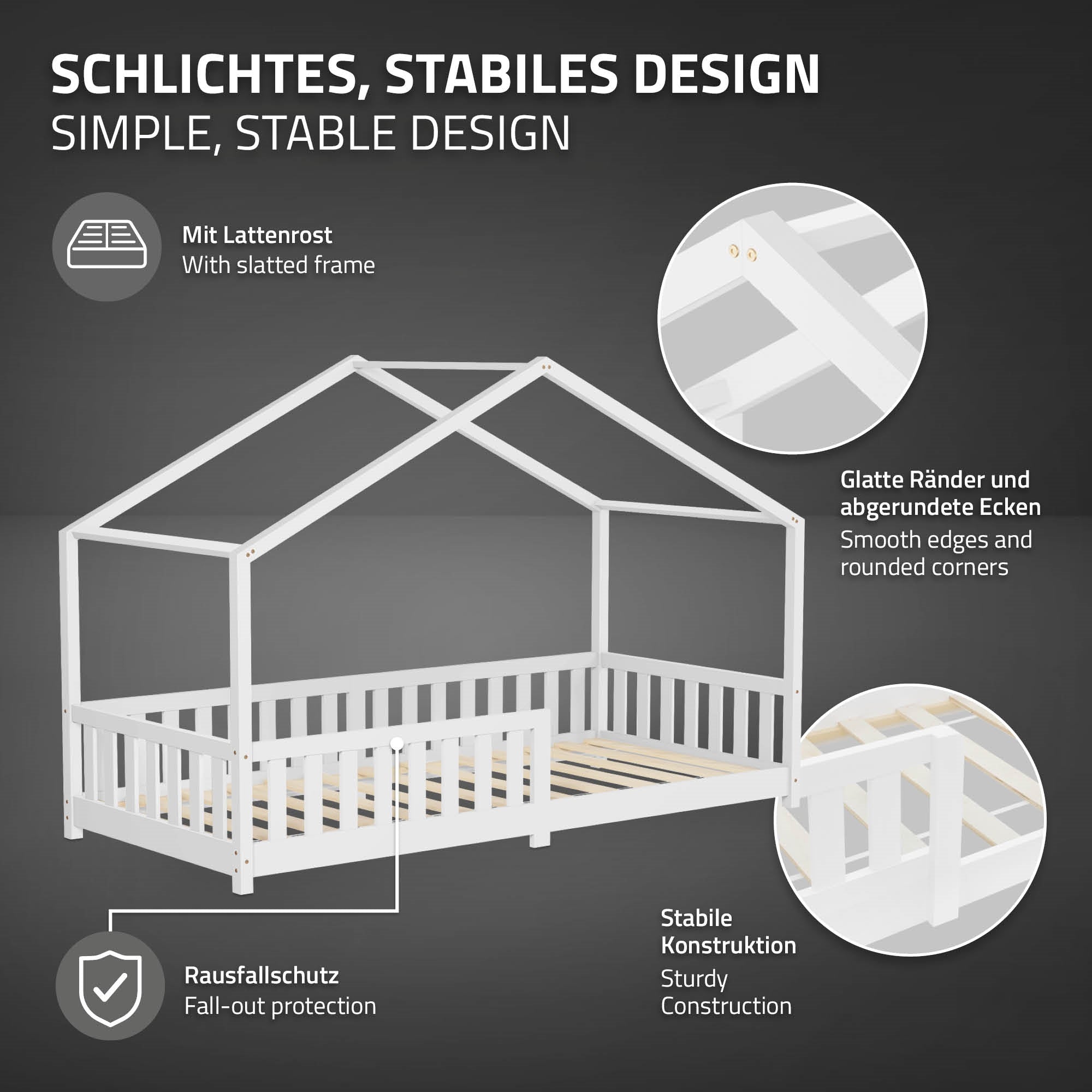 Grafik eines stabilen Bettes mit abgerundeten Ecken und Rausfallschutz.
