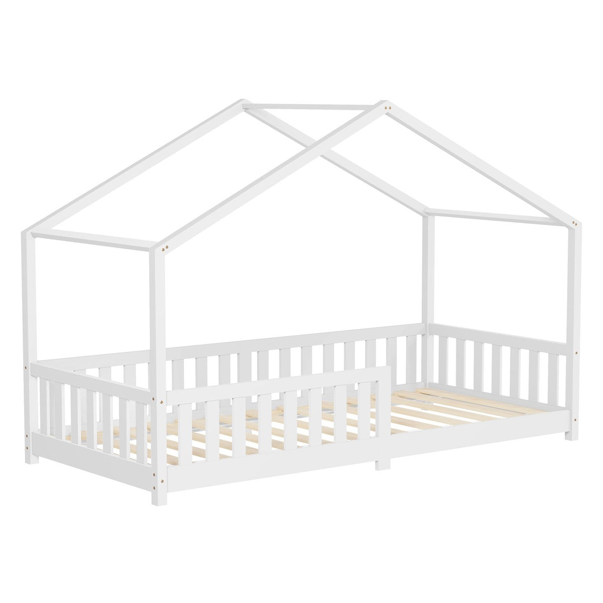 Weißes Holz-Kinderbett mit Dachstruktur.