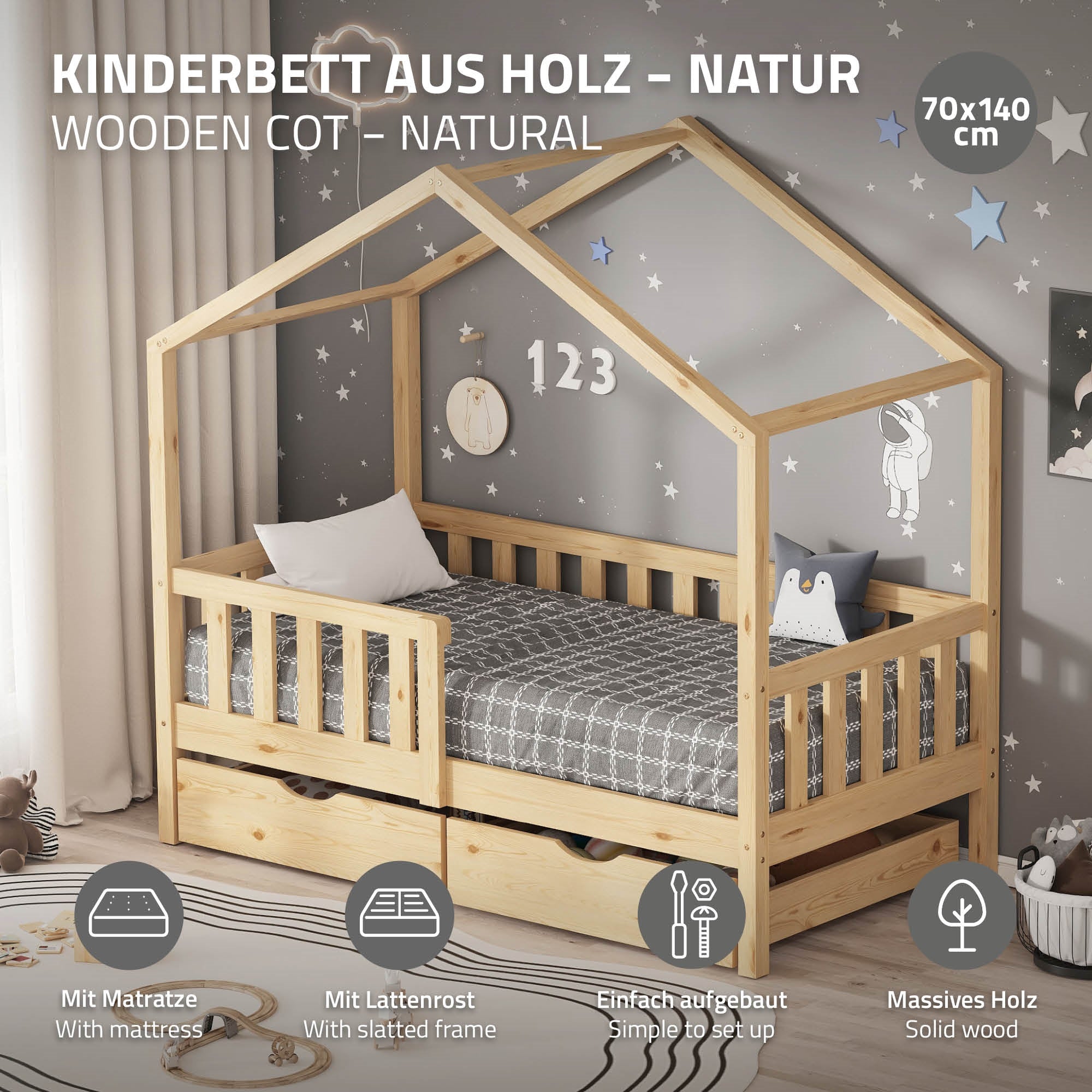 Holzbett mit Matratze, zwei Schubladen und stabiler Konstruktion.