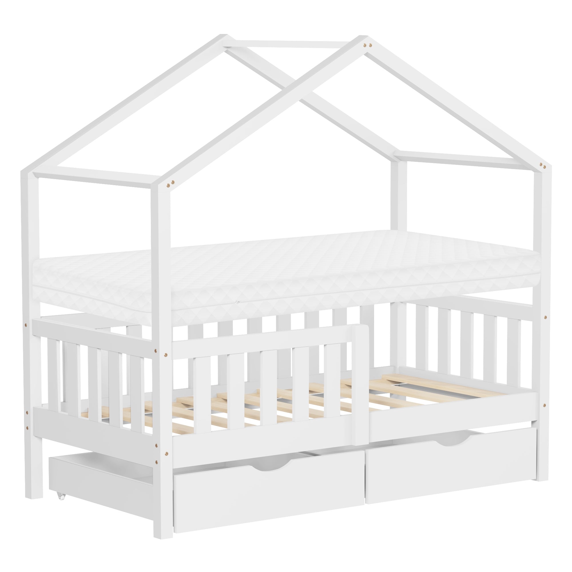 Weißes Kinderbett im Hausdesign mit Matratze und Schubladen.
