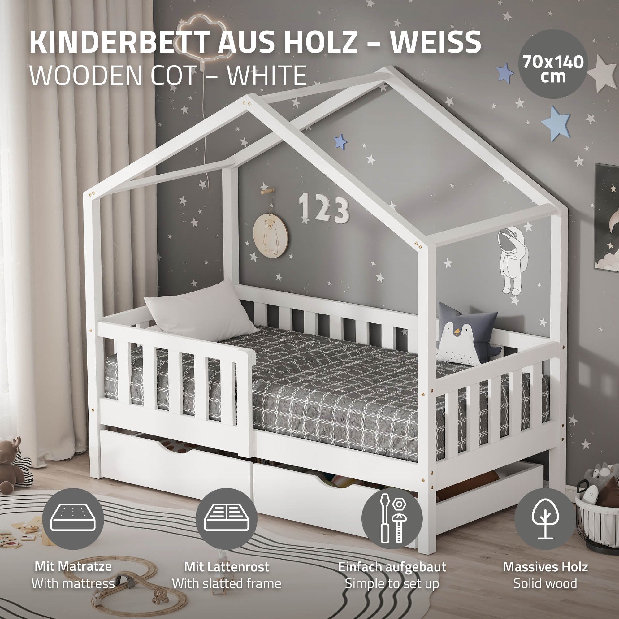 Weißes Kinderbett mit Matratze und Lattenrost in einem Raum.