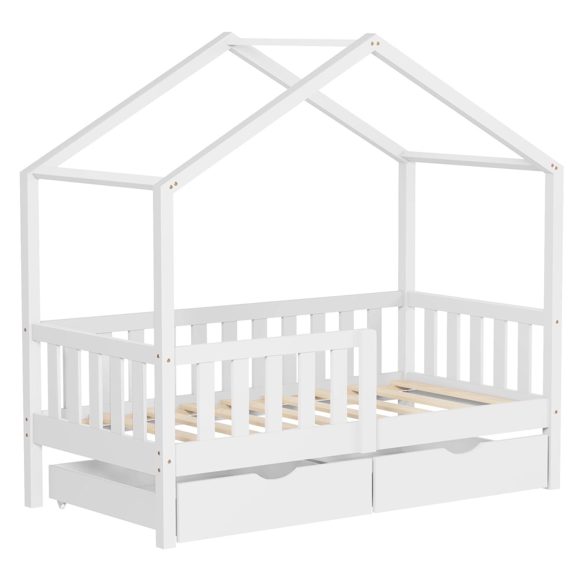 Weißes Kinderbett im Hausdesign ohne Matratze.