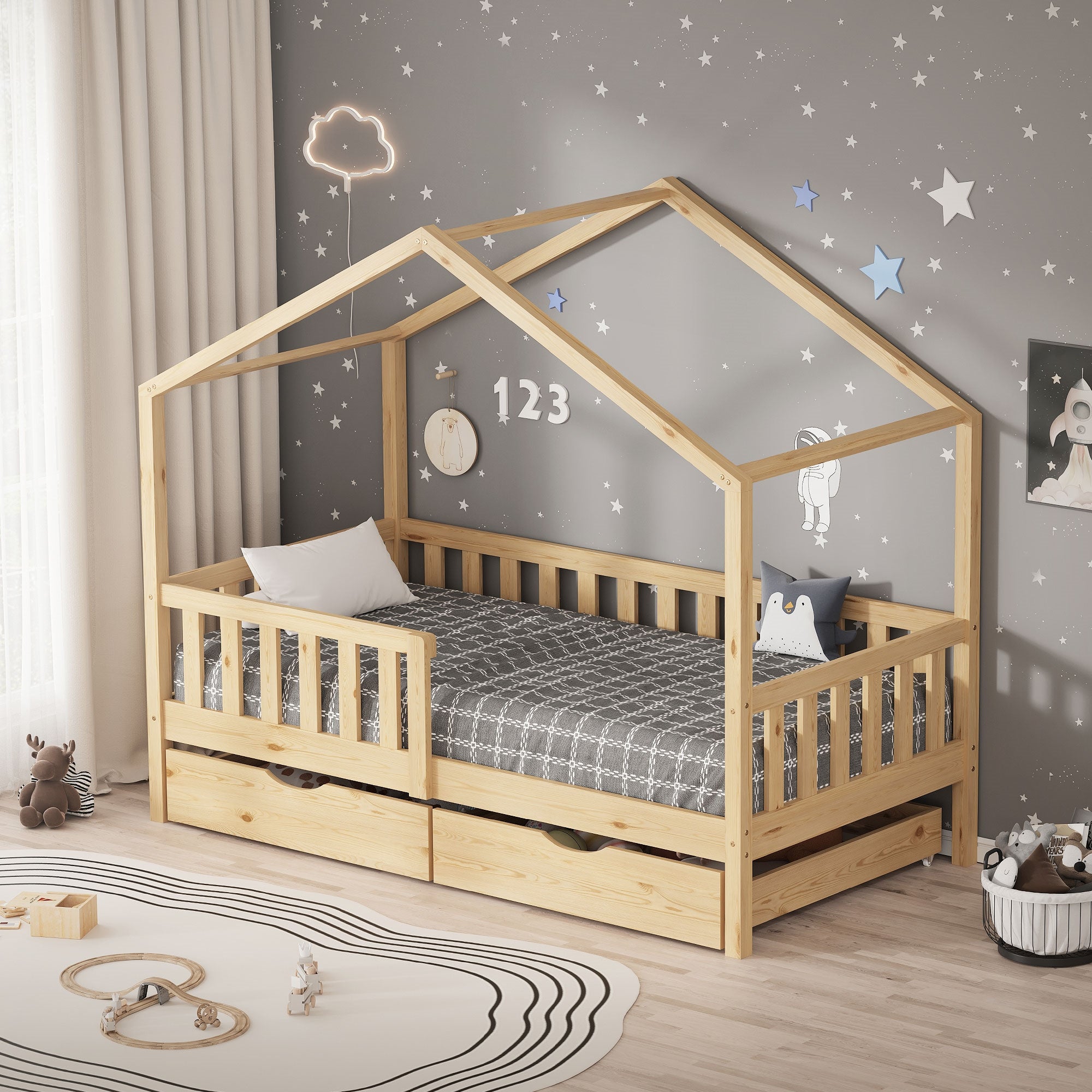 Bed with roof structure in a children's room, decorated with stars.