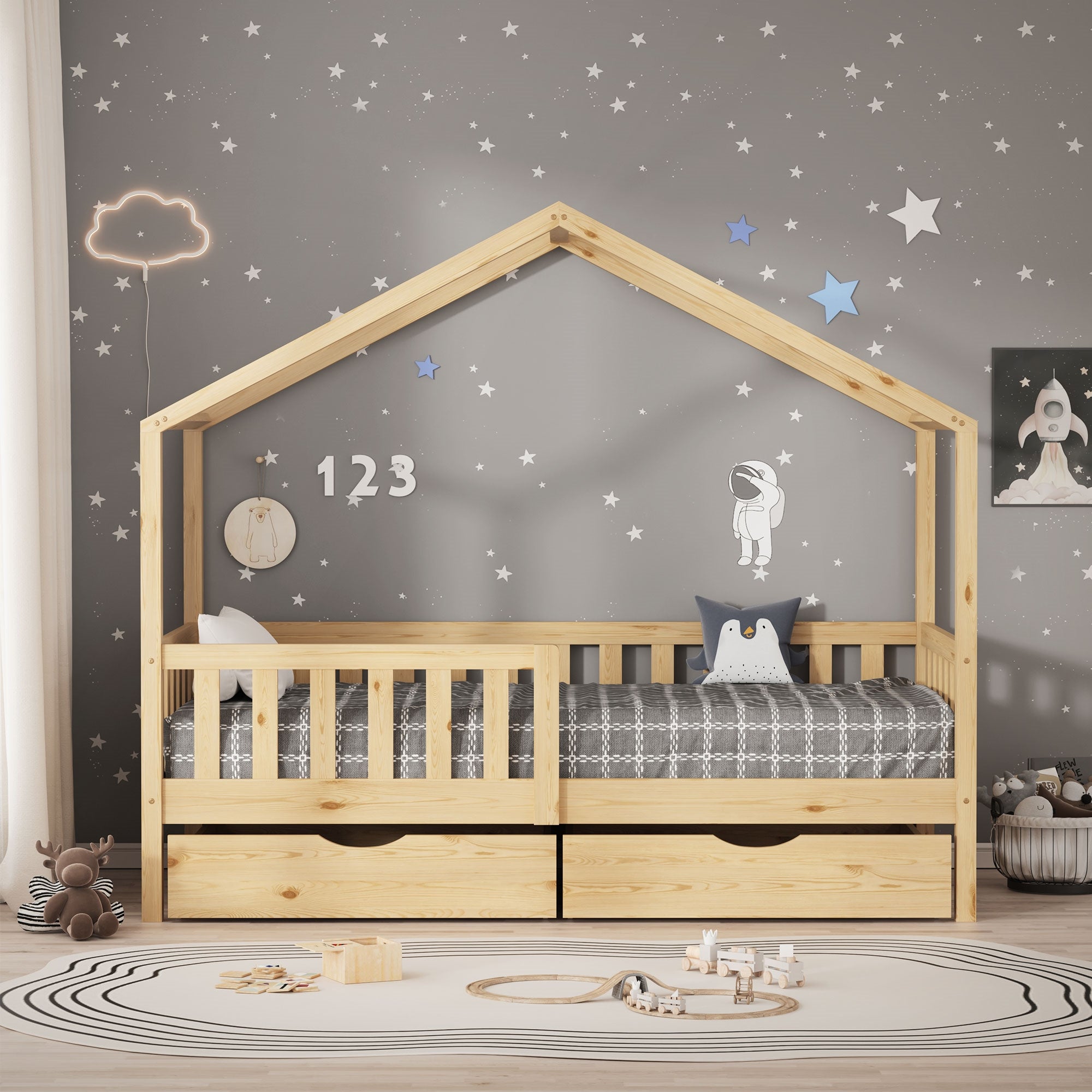 Wooden bed with roof shape, gray wall with stars and clouds.