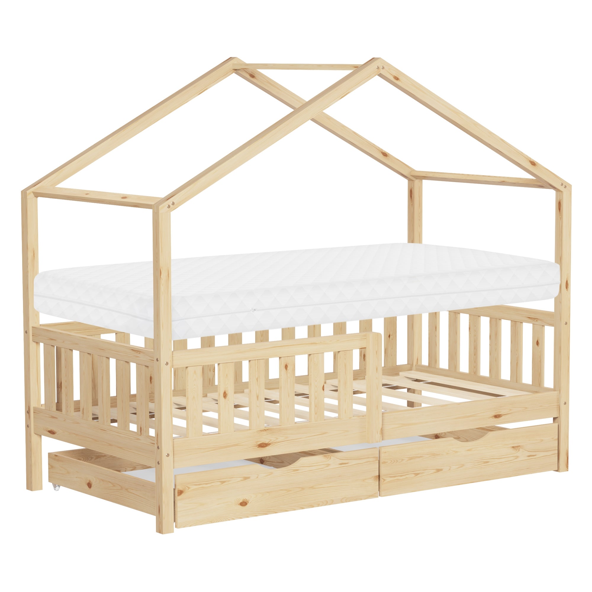 Holzbett mit Matratze, Dachkonstruktion und Schubladen.